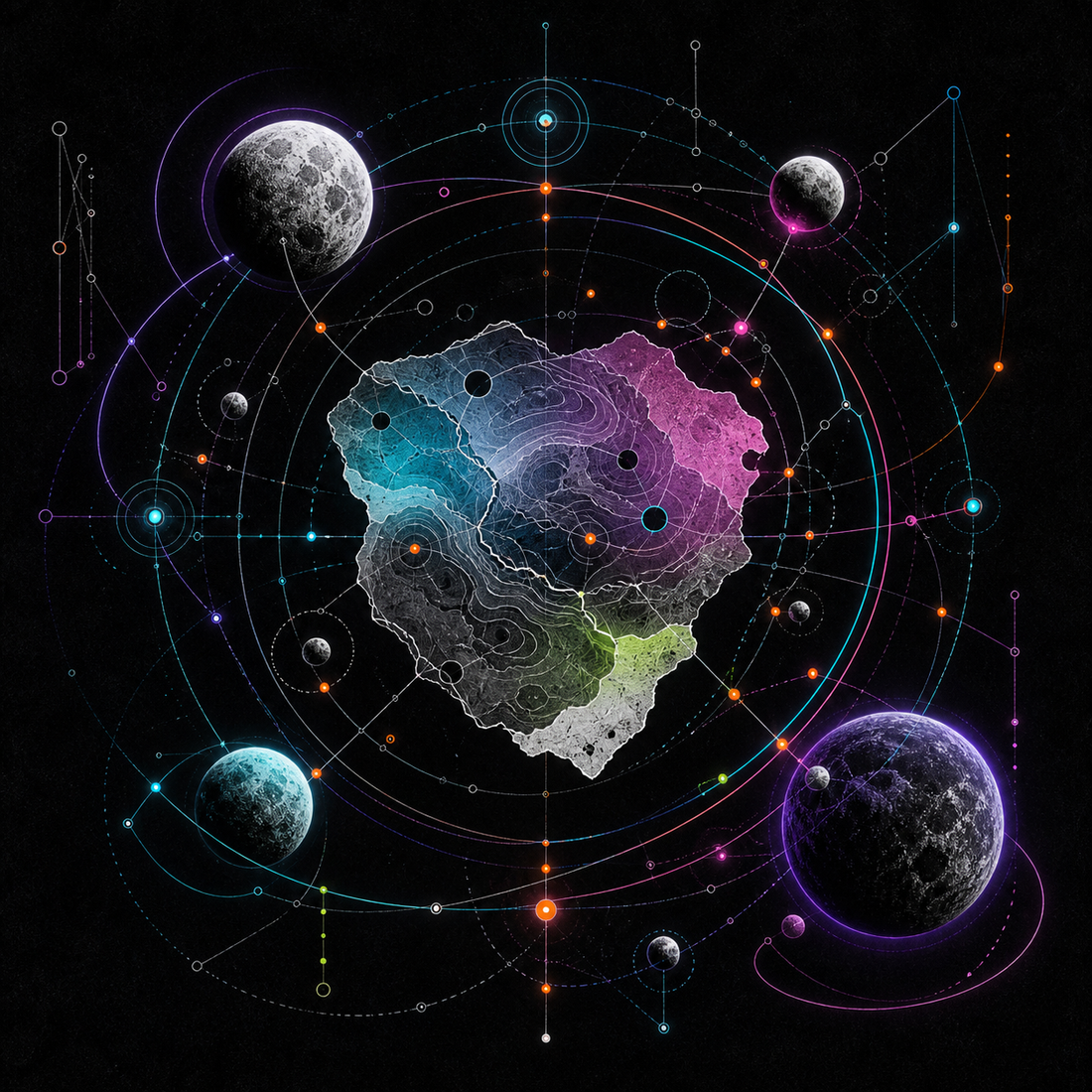 Orbiting Atlas original KOSVYRE artwork with cosmic cartography and luminous orbital structures