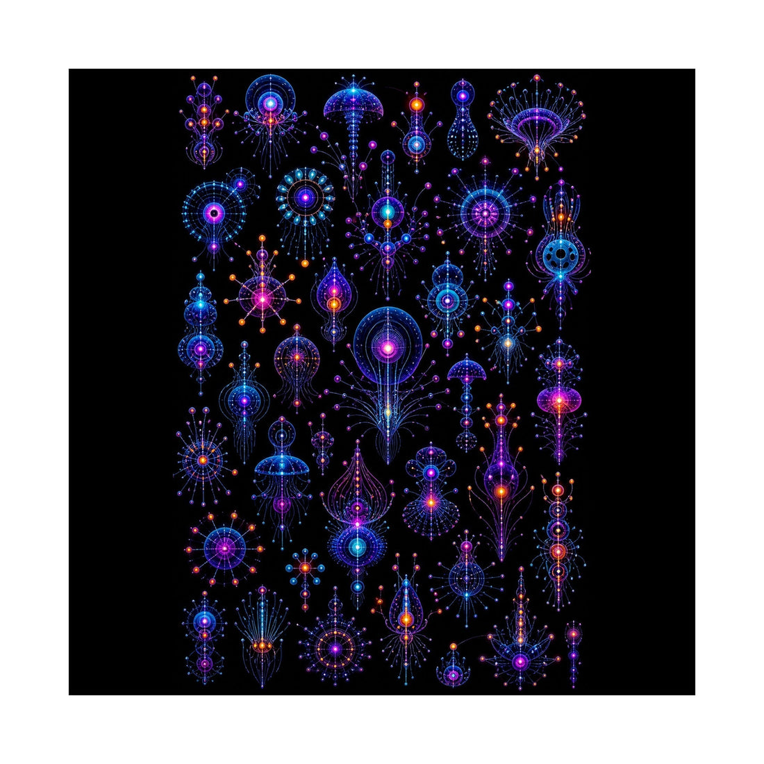 Deep Signal Menagerie art print with varied luminous signal forms arranged in a repeating field