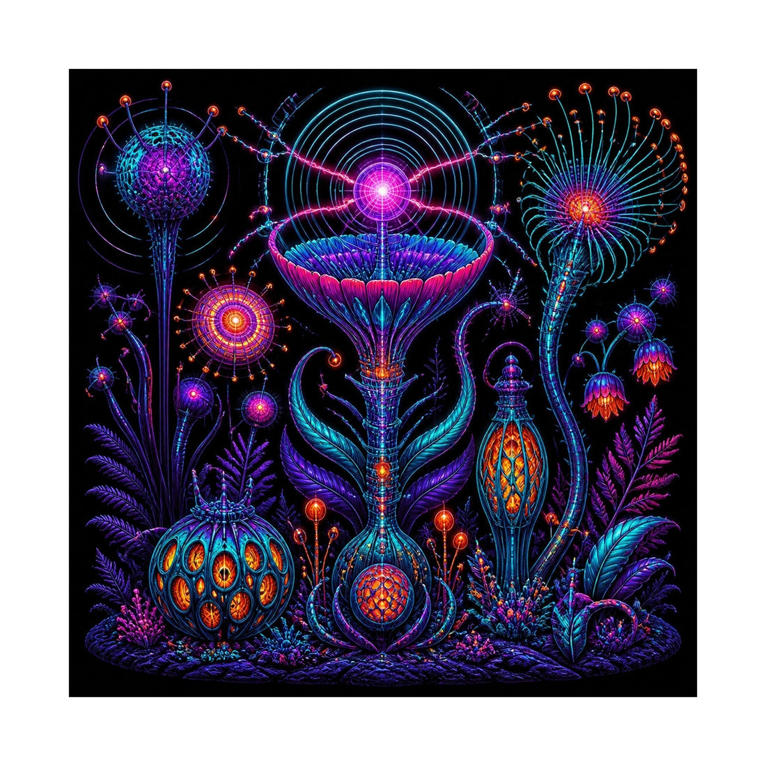 Impossible Radio Garden art print showing an invented signal machine growing through a fictional ecology
