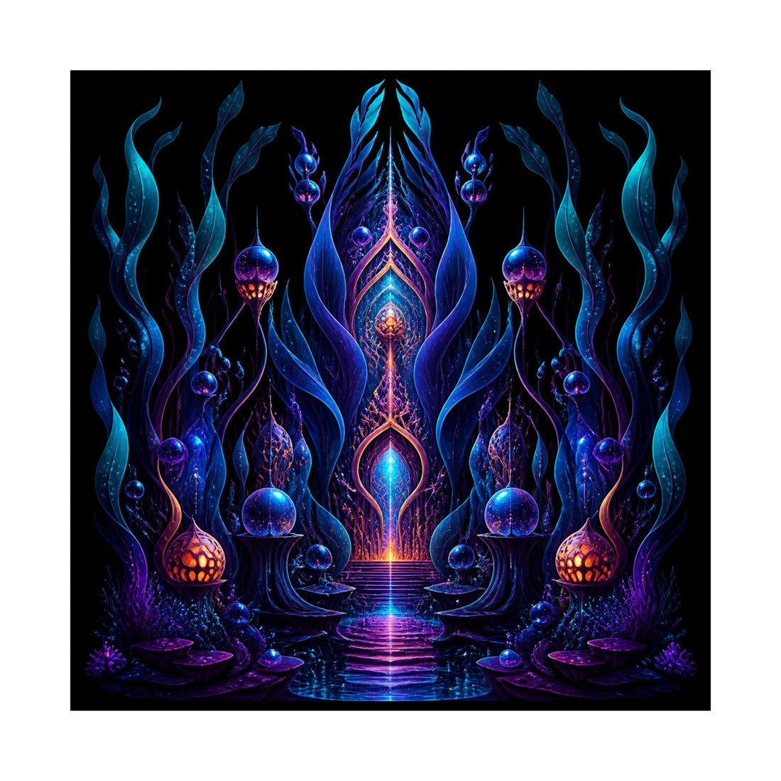 Ultraviolet Kelp Cathedral art print combining cool violet structures with warm luminous accents