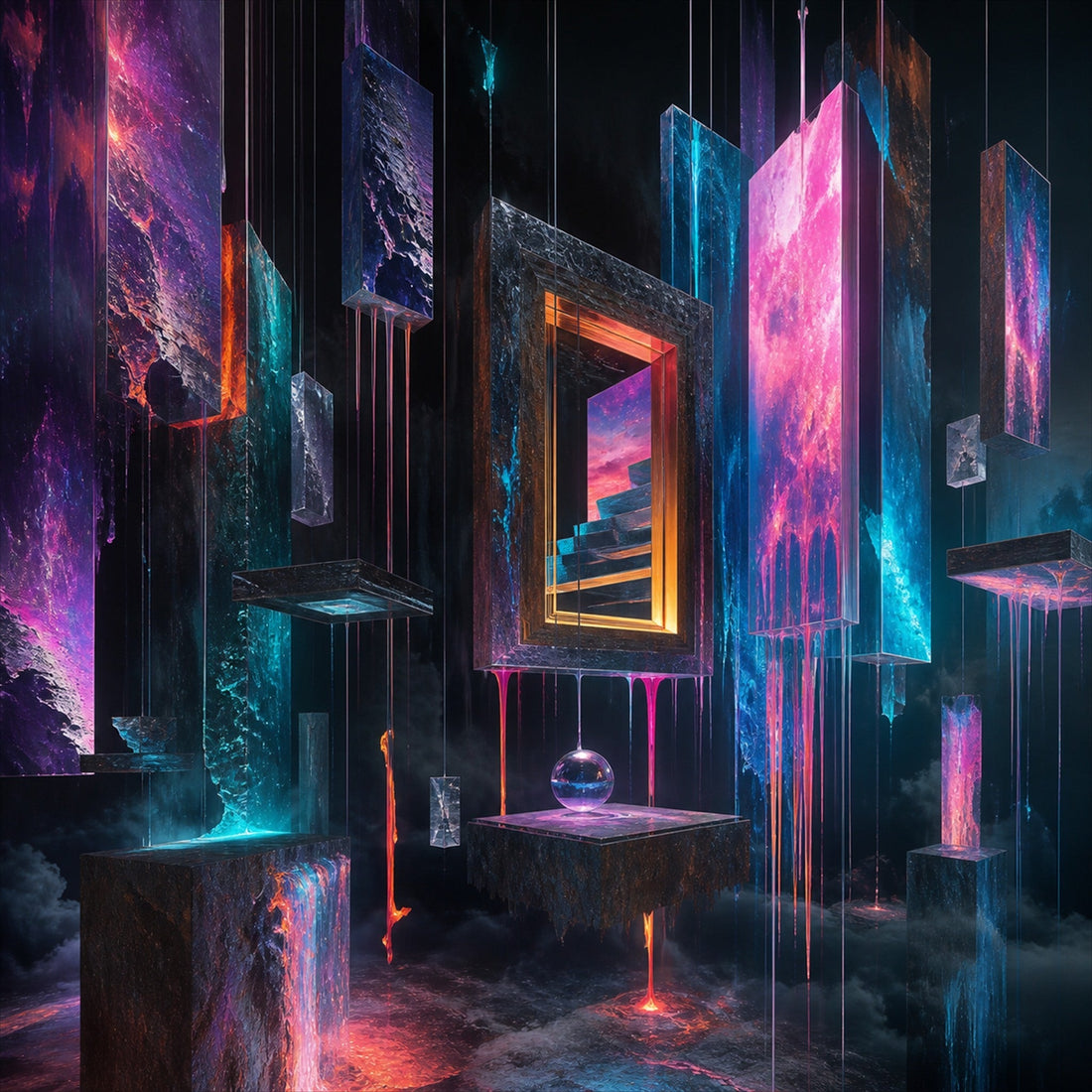 Museum of Falling Light original KOSVYRE artwork with a surreal illuminated gallery environment