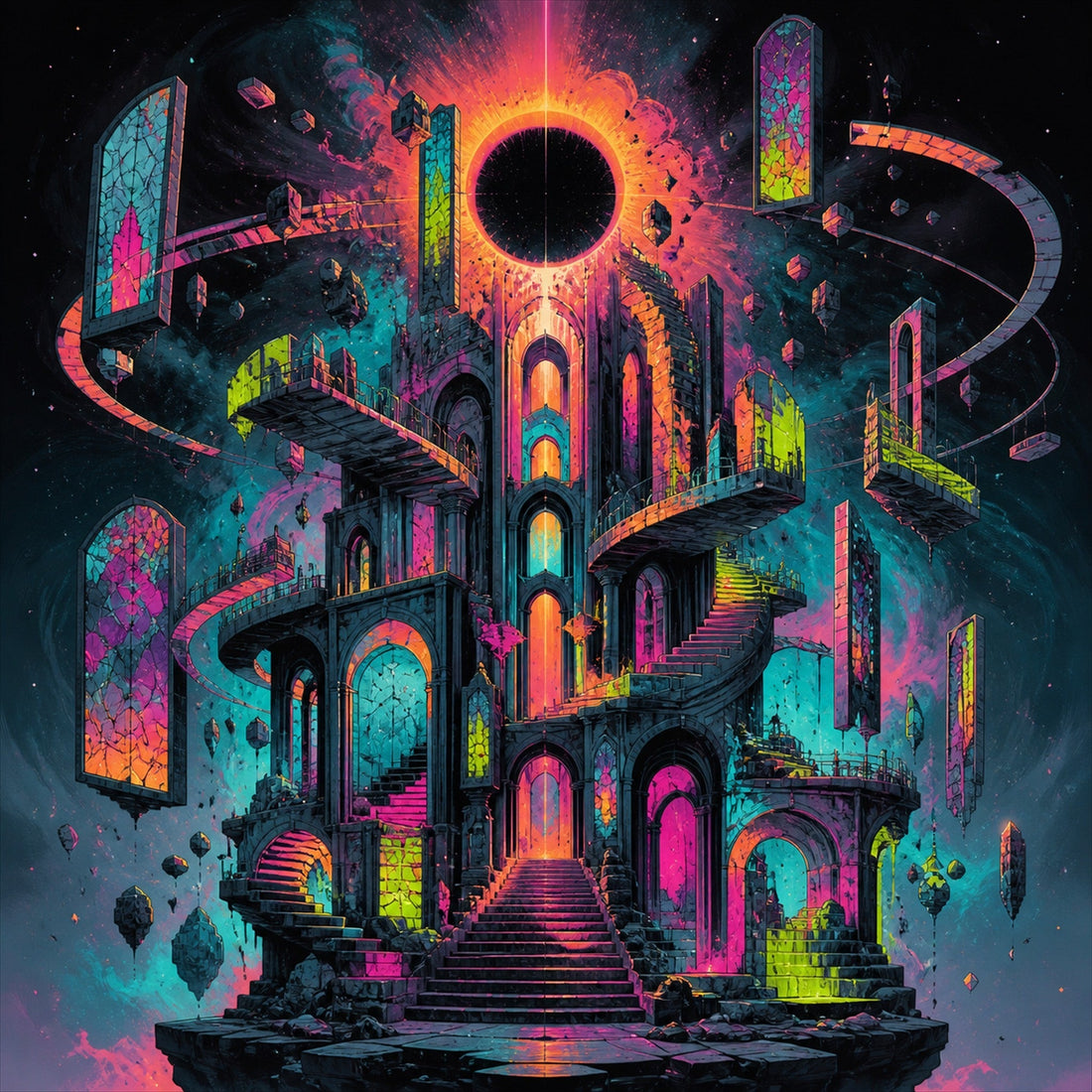 Orbiting Cathedral original KOSVYRE artwork with monumental cosmic architecture and orbital light