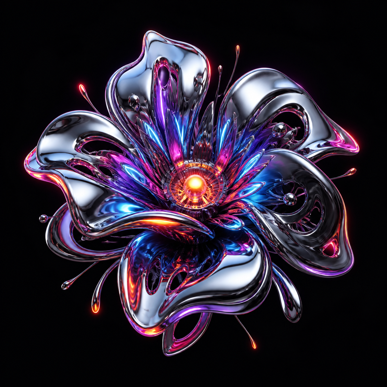 KOSVYRE liquid chrome artwork with iridescent dimensional forms