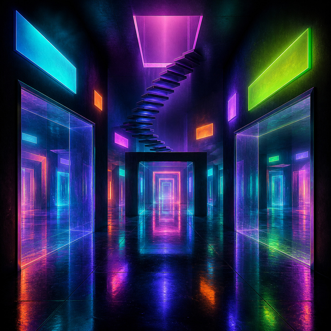 Afterimage Arcade neon dreamcore interior artwork for the KOSVYRE Neon Dreamcore collection