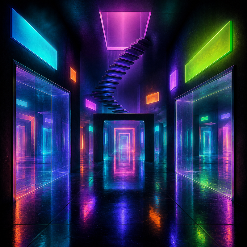 Afterimage Arcade neon dreamcore interior artwork for the KOSVYRE Neon Dreamcore collection