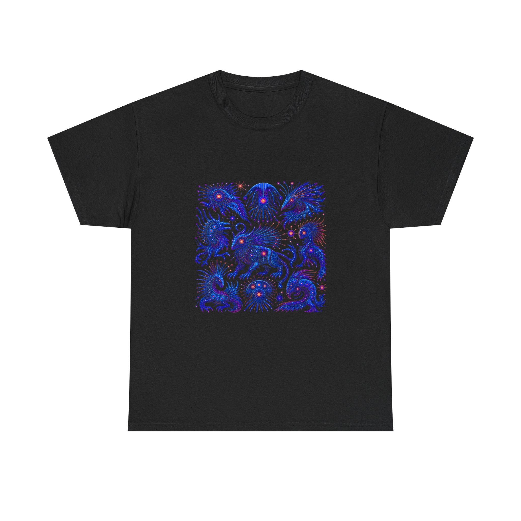 Blue Static Menagerie KOSVYRE graphic tee product mockup, front view