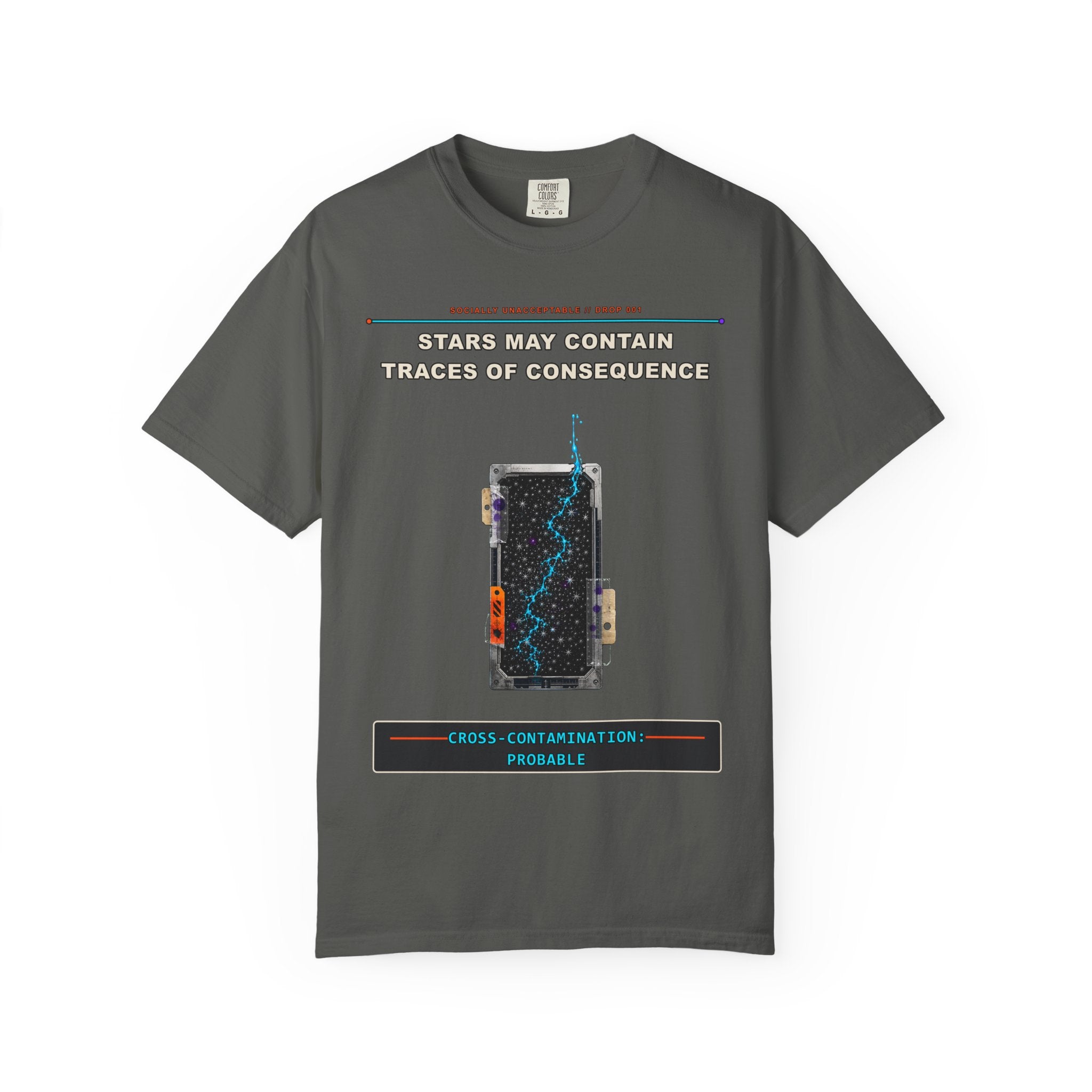 Stars May Contain Traces of Consequence graphic tee by KOSVYRE in Pepper, front artwork view