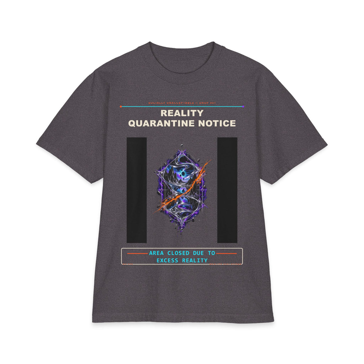 Reality Quarantine Notice graphic tee by KOSVYRE in Charcoal Grey, front view