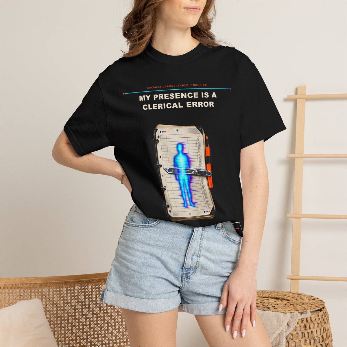 My Presence Is a Clerical Error graphic tee by KOSVYRE in Black, other product view 2