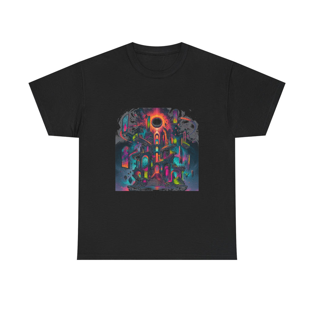Orbiting Cathedral KOSVYRE graphic tee product mockup, front view