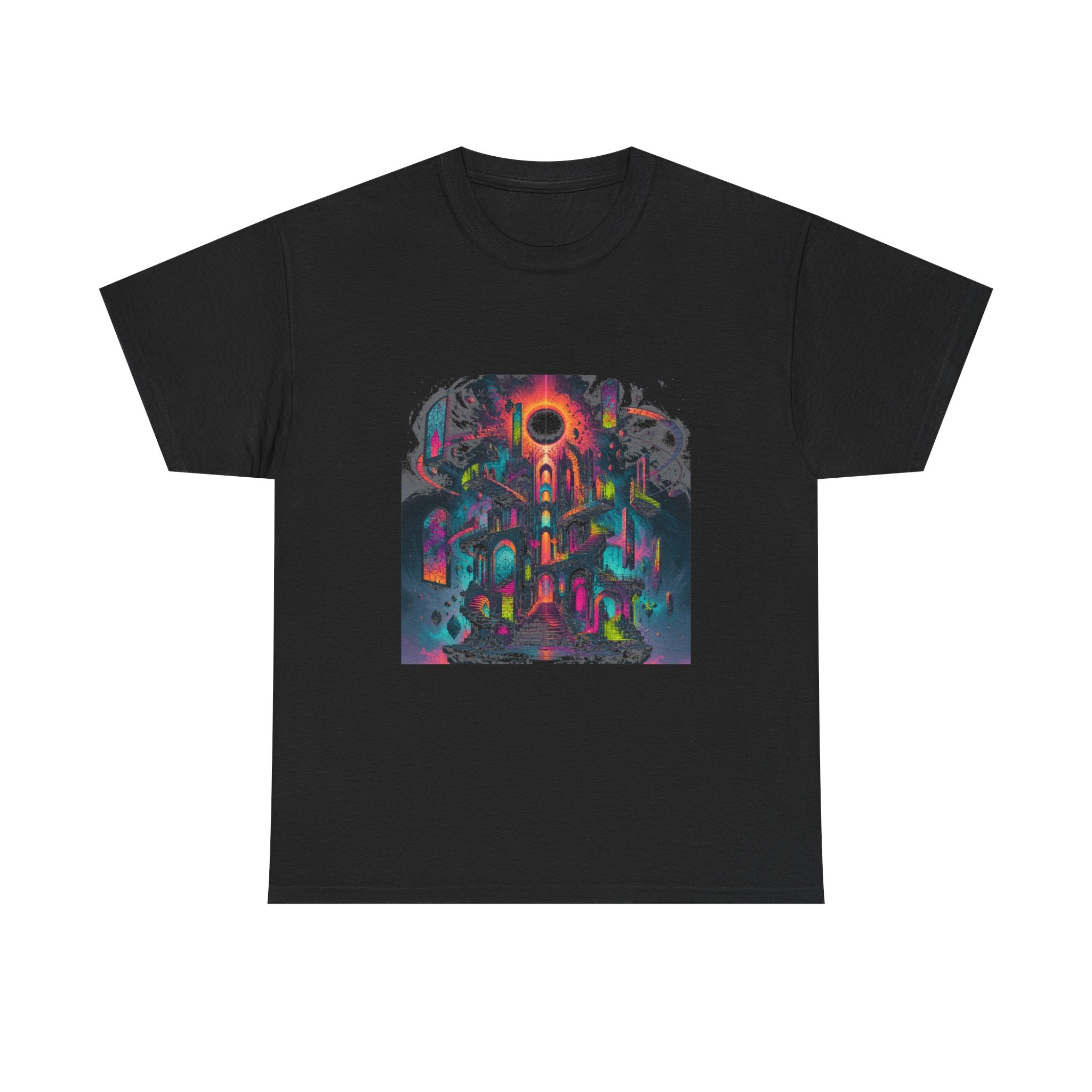 Orbiting Cathedral KOSVYRE graphic tee product mockup, front view