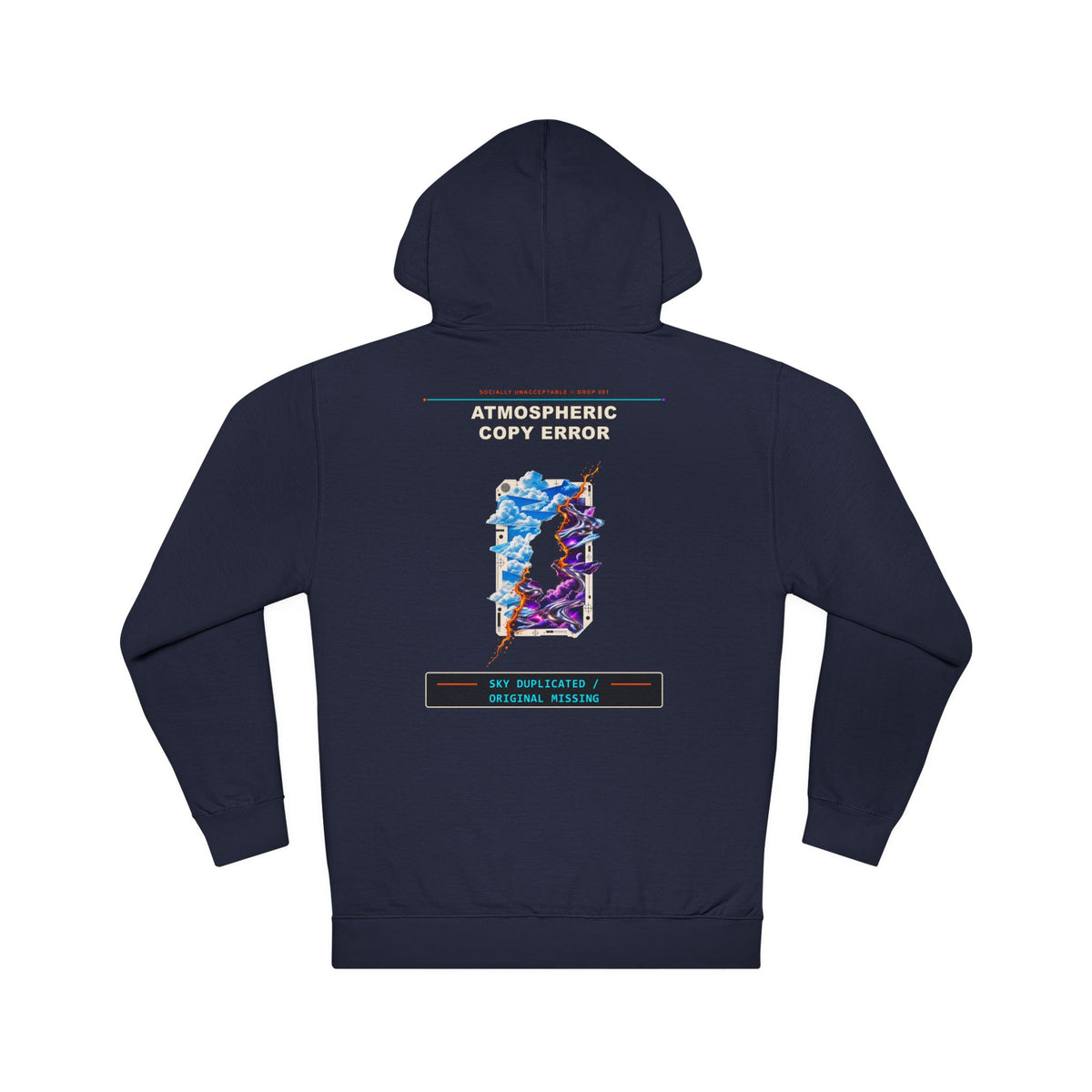 Atmospheric Copy Error graphic hoodie by KOSVYRE in Classic Navy, back artwork view