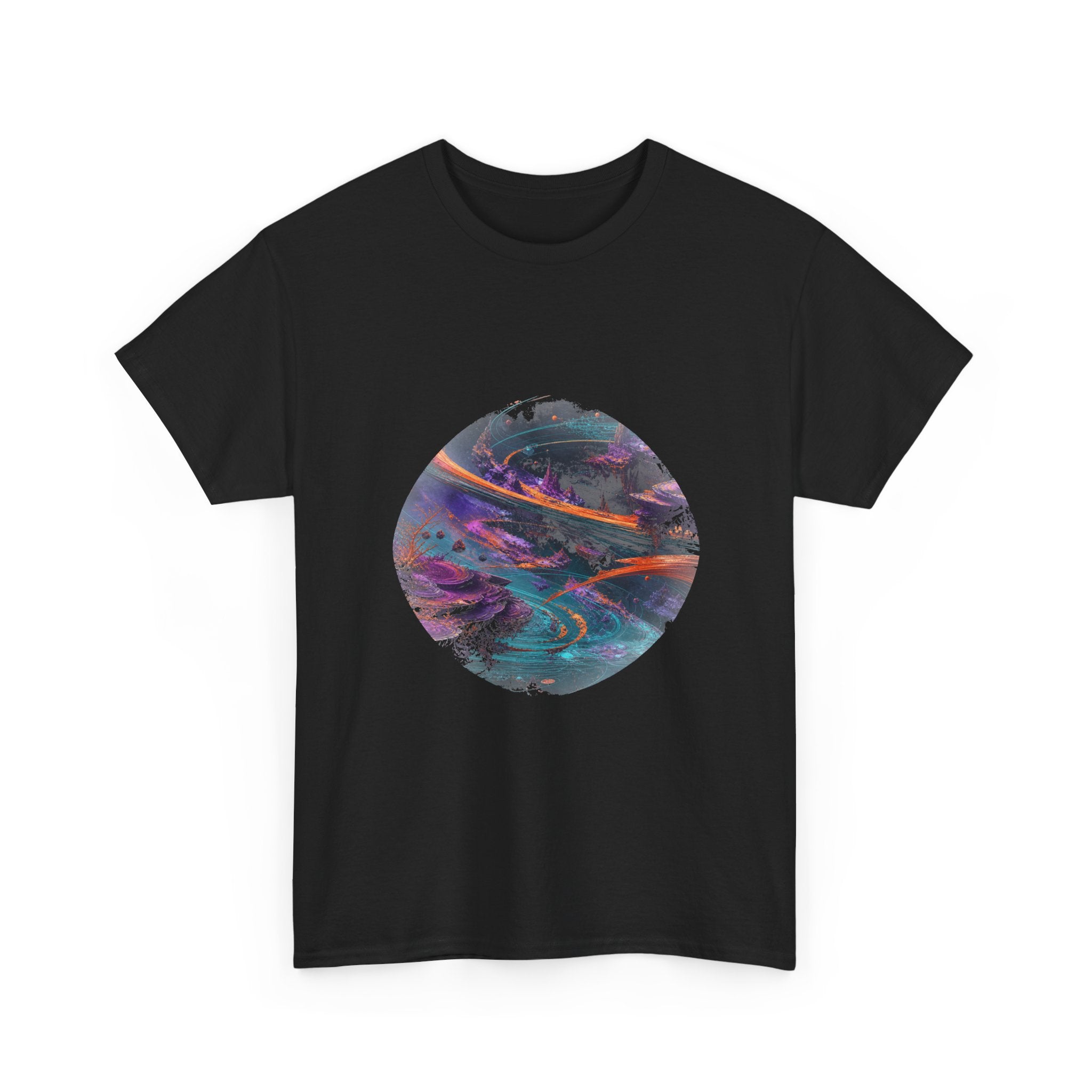 Vermilion Orbital Reef KOSVYRE graphic tee product mockup, alternate front view
