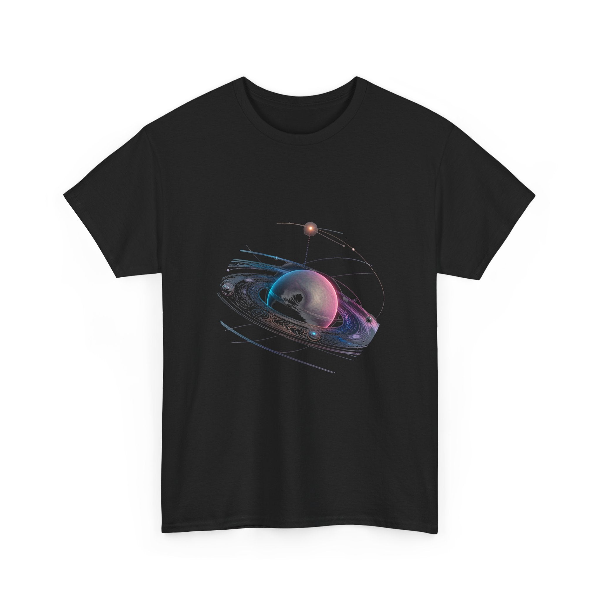 Orbit of the Unsaid KOSVYRE graphic tee product mockup, alternate front view
