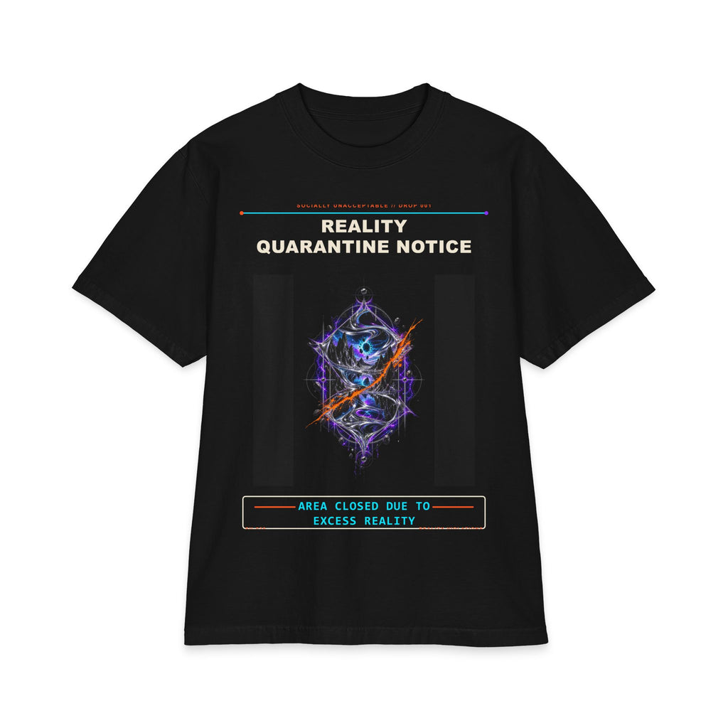 Reality Quarantine Notice graphic tee by KOSVYRE in Black, front view