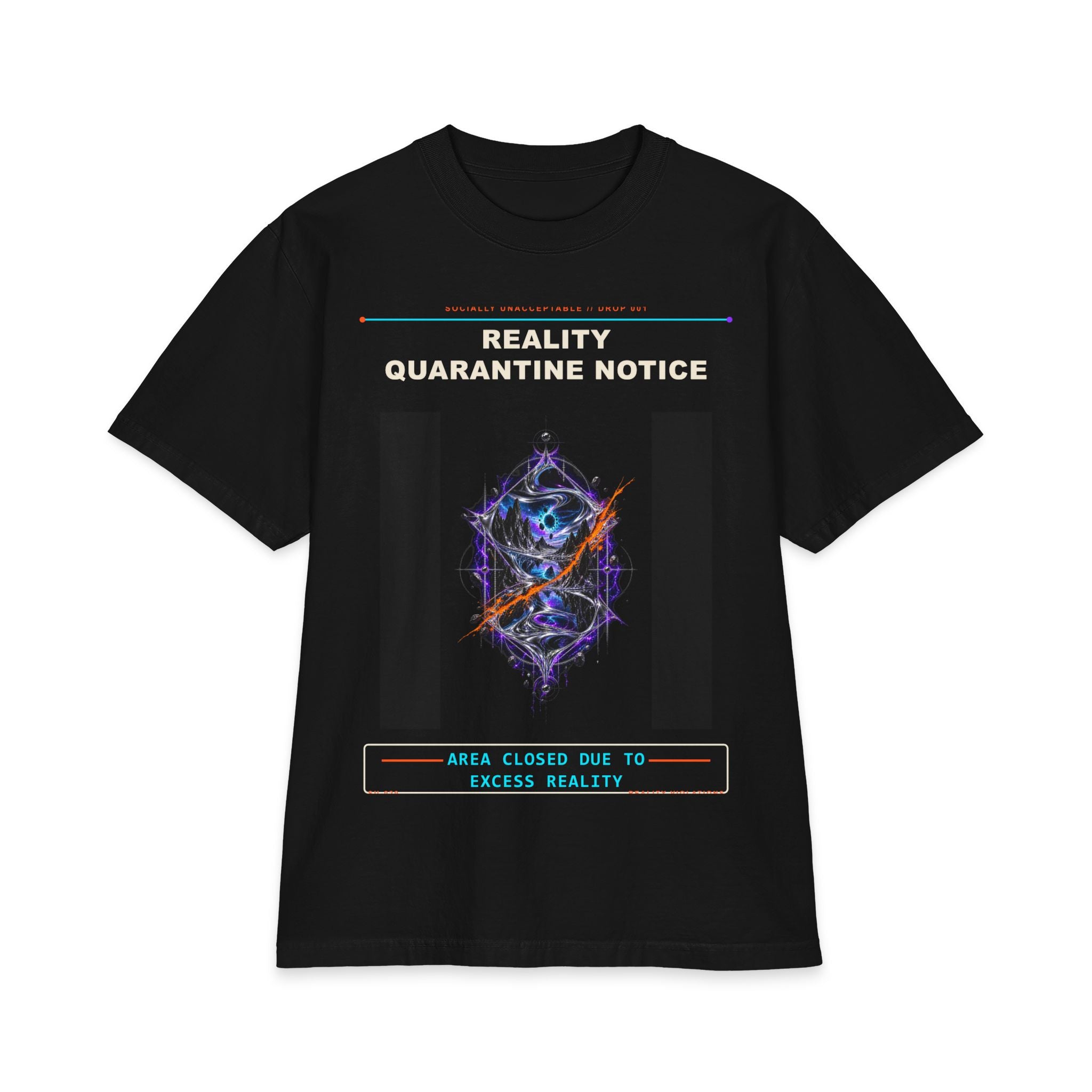 Reality Quarantine Notice graphic tee by KOSVYRE in Black, front view