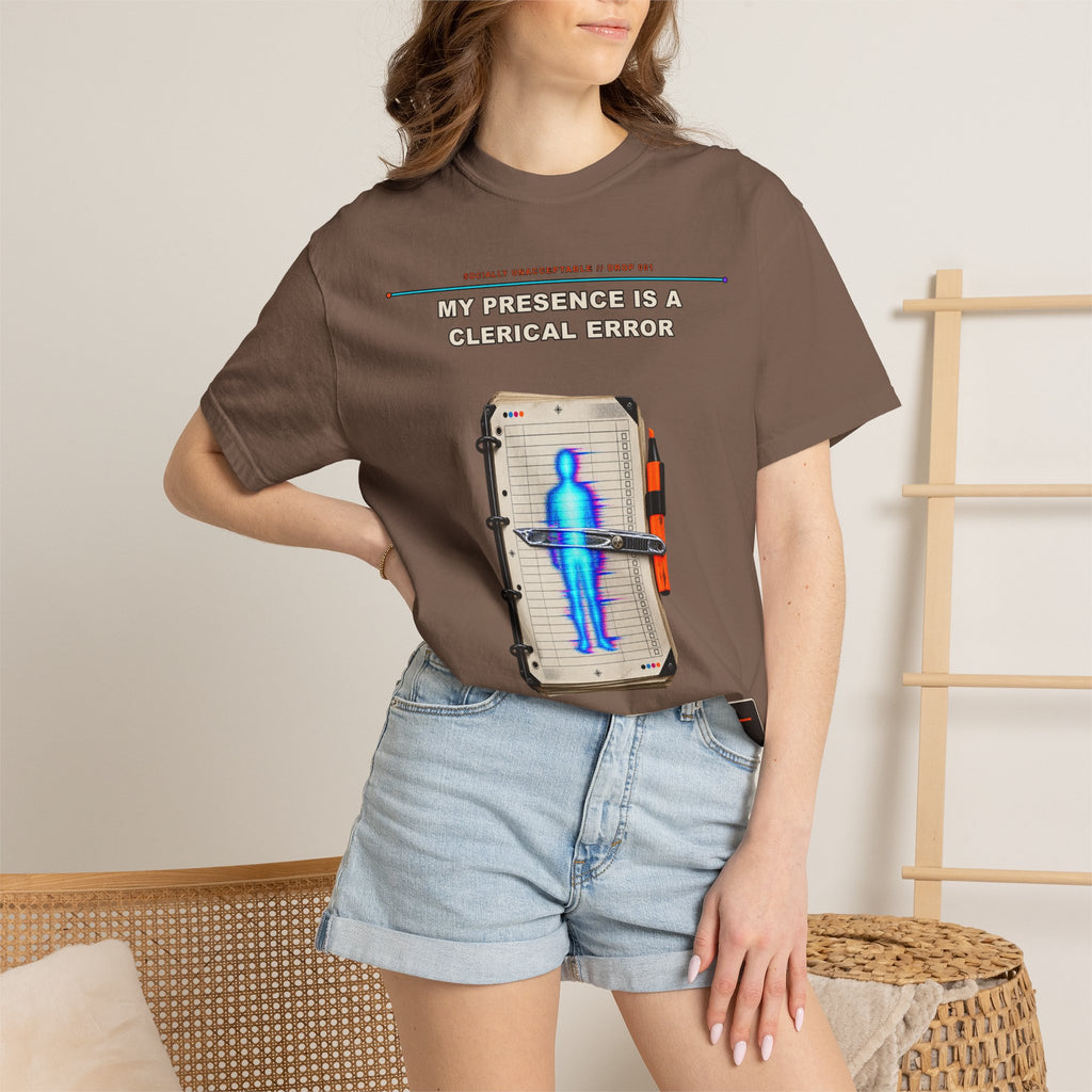 My Presence Is a Clerical Error graphic tee by KOSVYRE in Espresso, other product view 2
