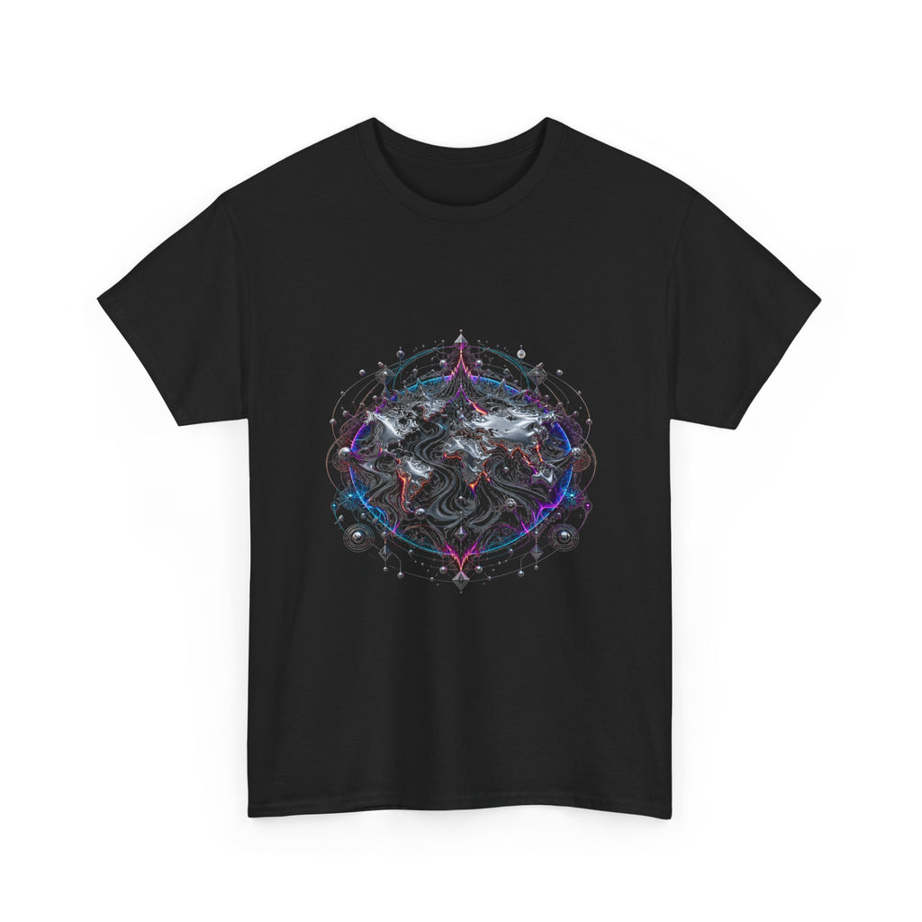 Ferrofluid Atlas KOSVYRE graphic tee product mockup, detail view