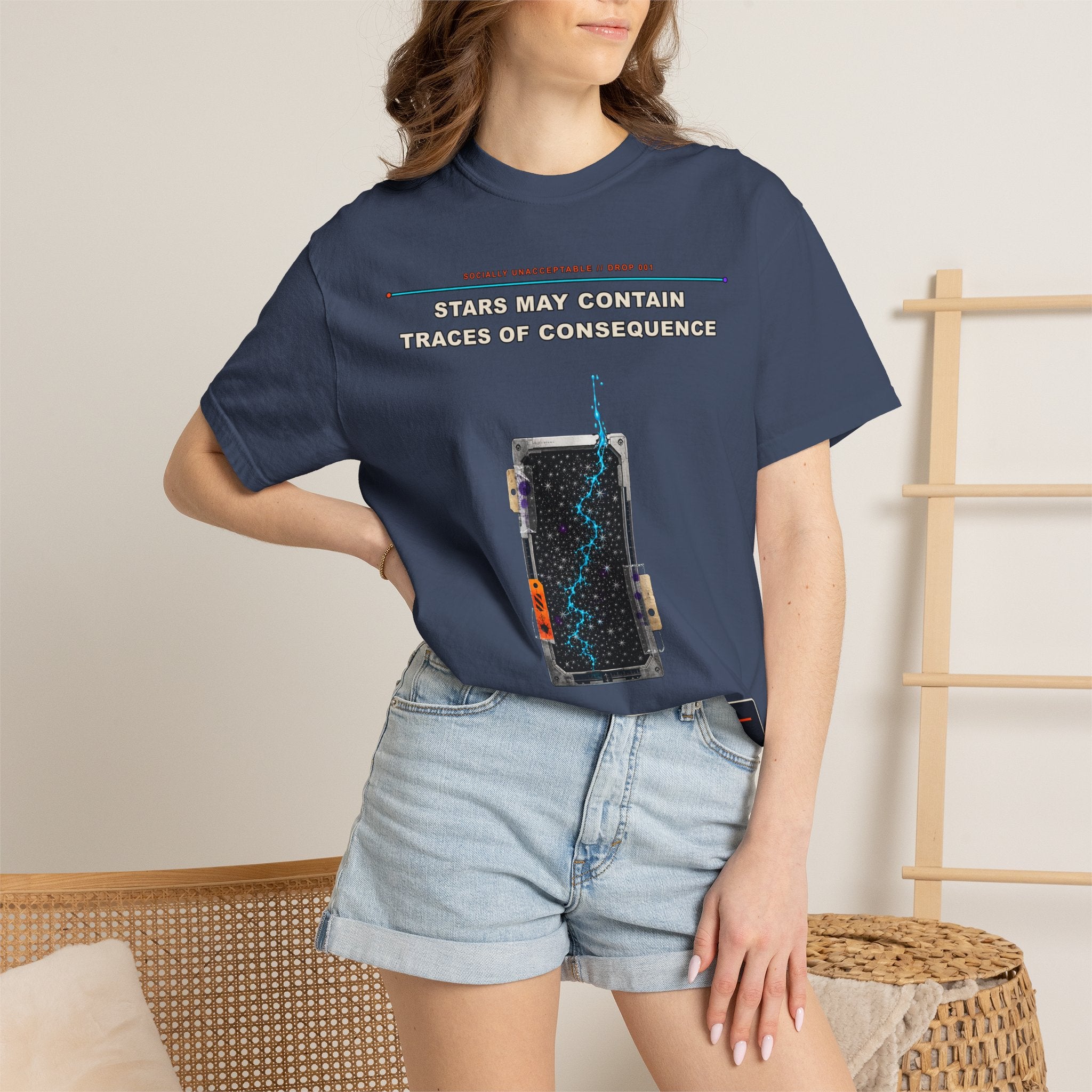Stars May Contain Traces of Consequence graphic tee by KOSVYRE in Midnight, other product view 2