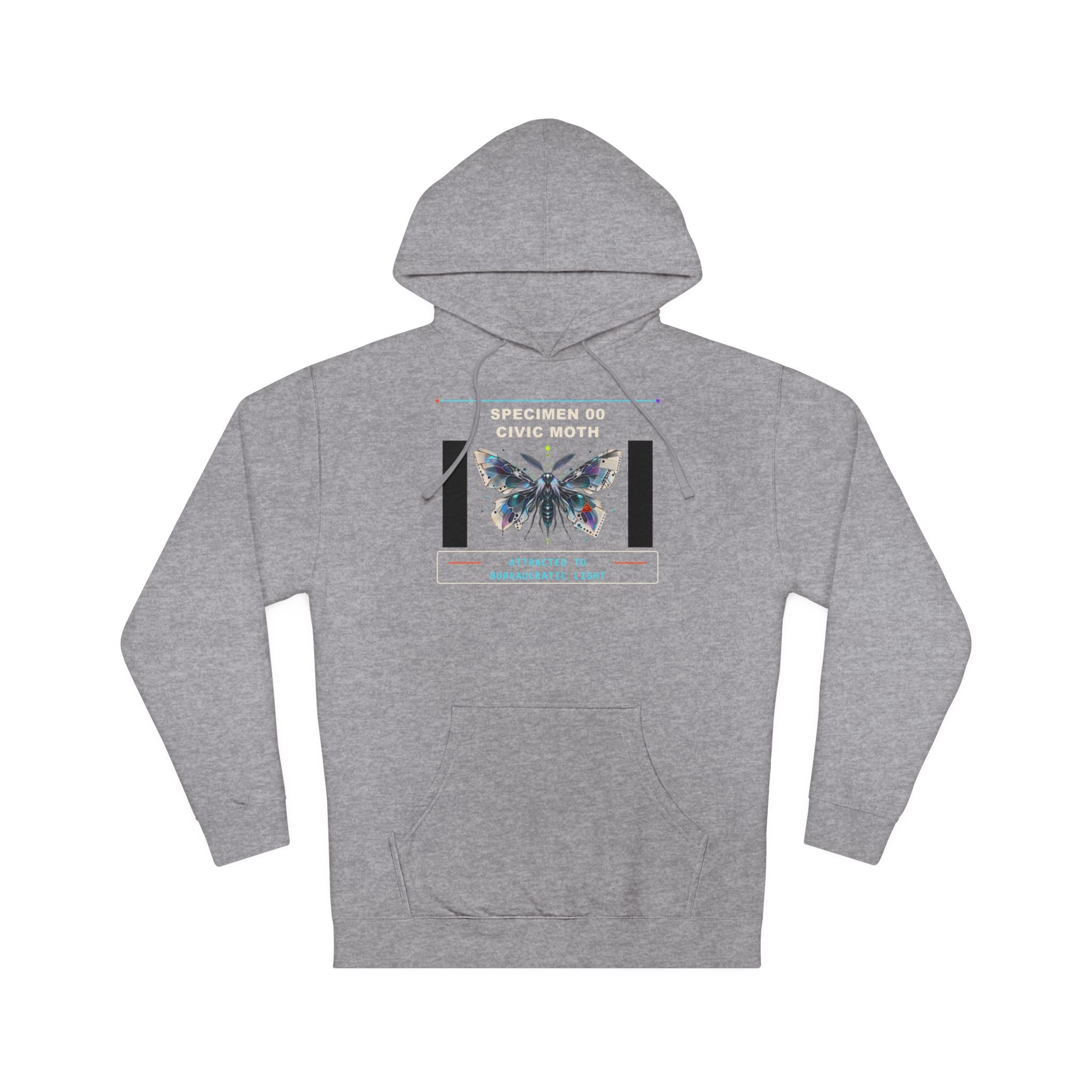 Specimen 00: Civic Moth graphic hoodie by KOSVYRE in Gunmetal Heather, front view