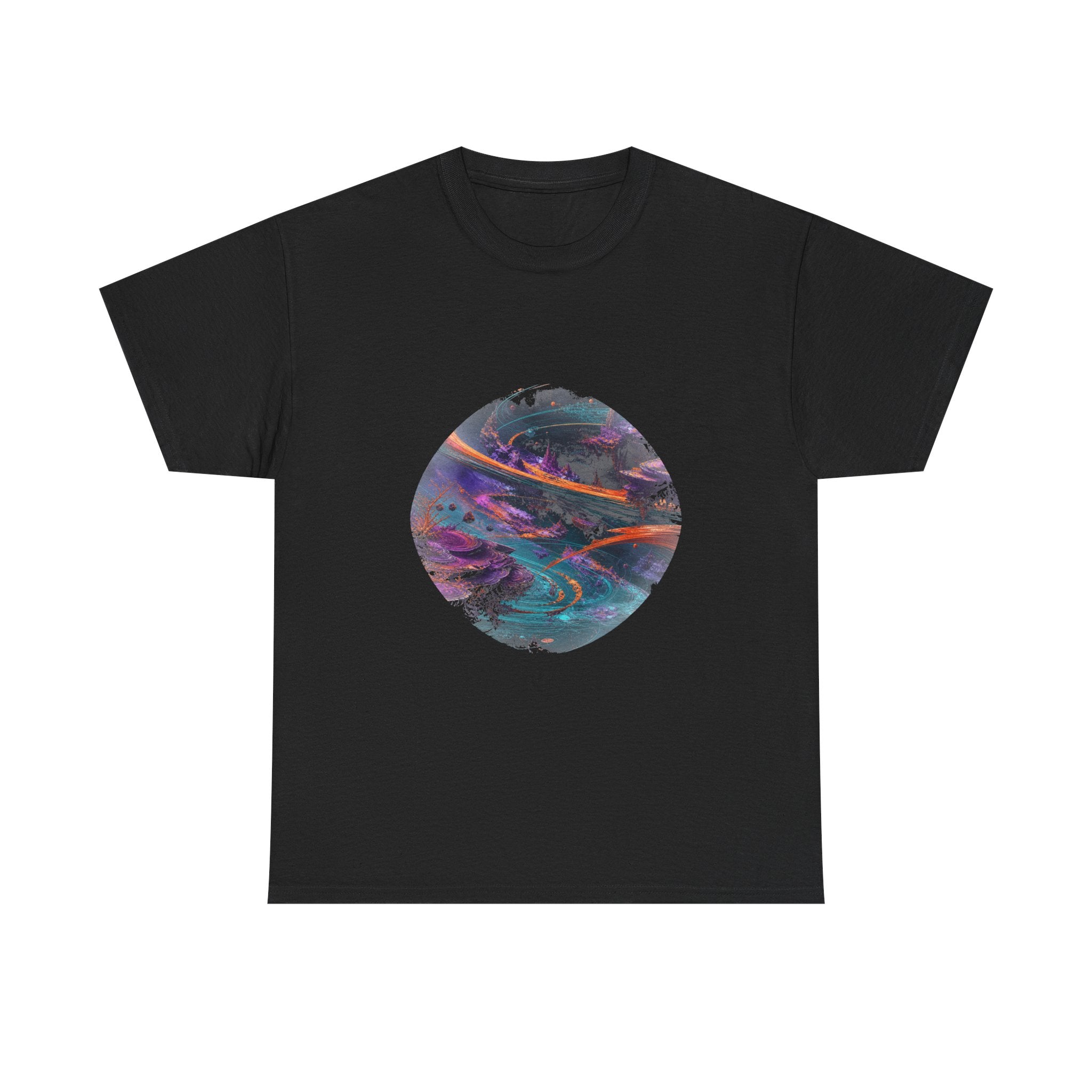 Vermilion Orbital Reef KOSVYRE graphic tee product mockup, front view