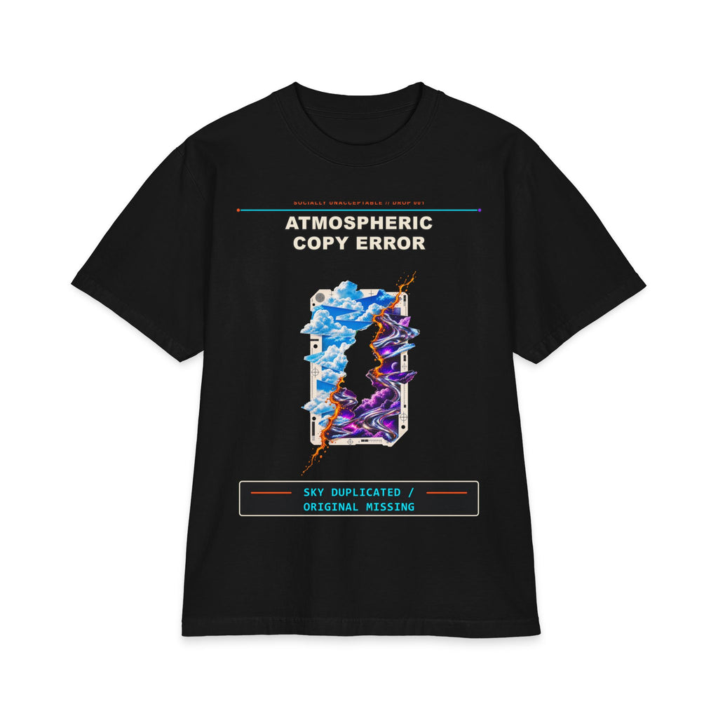 Atmospheric Copy Error graphic tee by KOSVYRE in Black, front artwork view