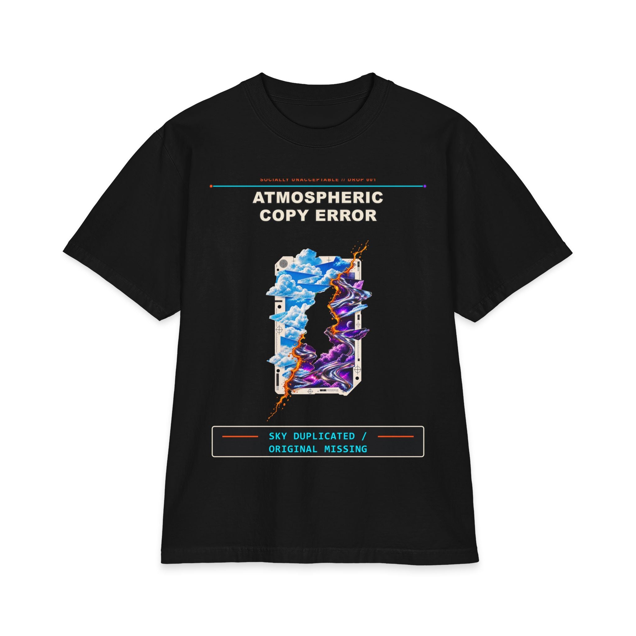 Atmospheric Copy Error graphic tee by KOSVYRE in Black, front artwork view