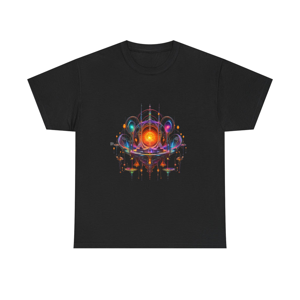 Saffron Void Observatory KOSVYRE graphic tee product mockup, front view