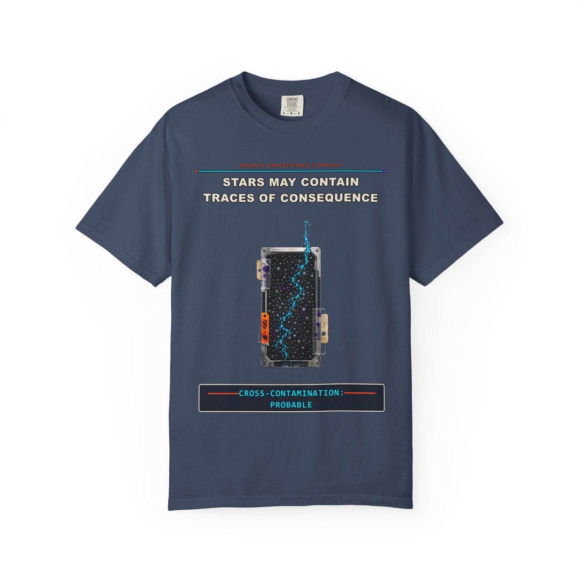 Stars May Contain Traces of Consequence graphic tee by KOSVYRE in Midnight, front artwork view
