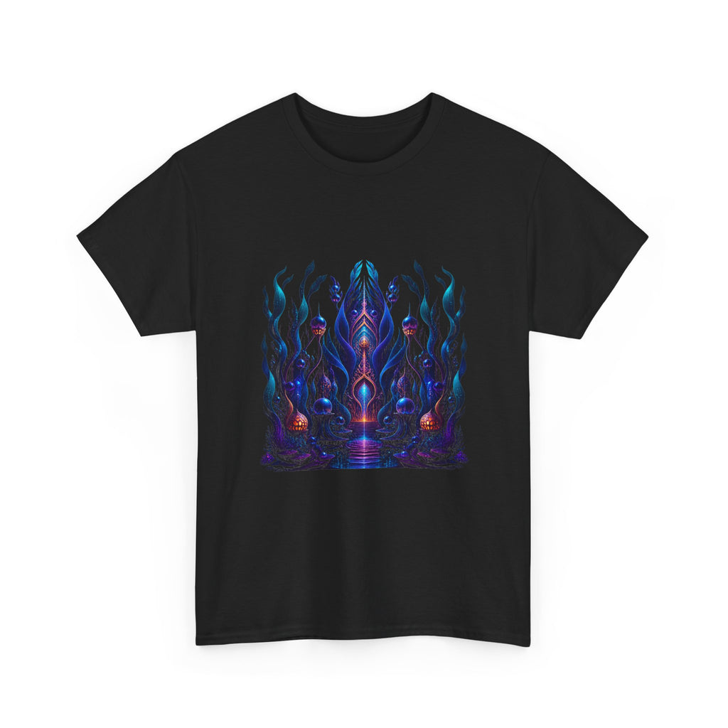 Ultraviolet Kelp Cathedral KOSVYRE graphic tee product mockup, alternate front view