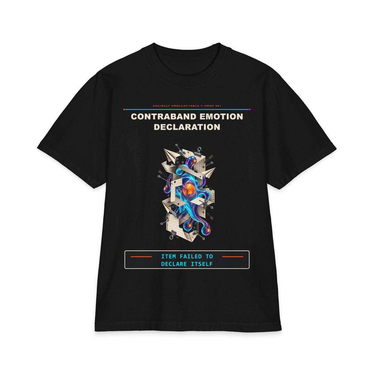 Contraband Emotion Declaration graphic tee by KOSVYRE in Black, front artwork view