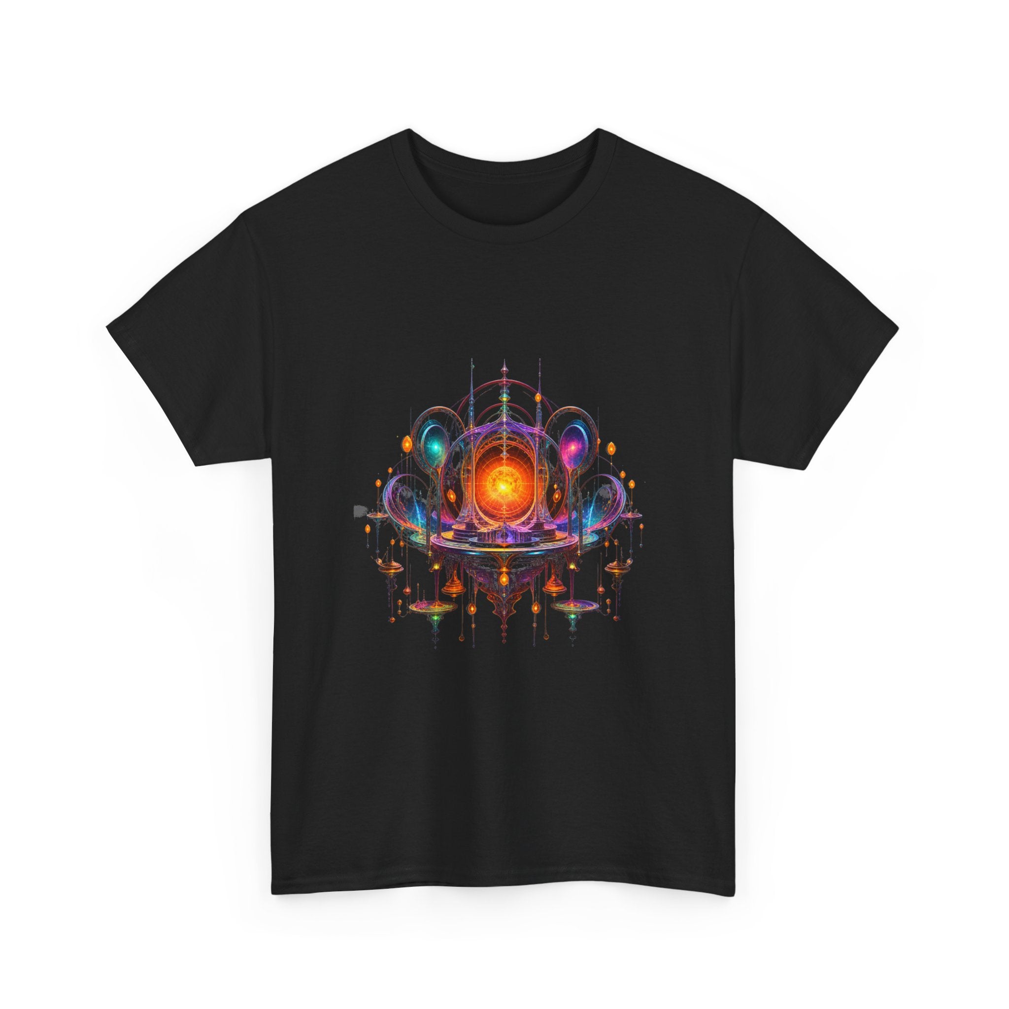 Saffron Void Observatory KOSVYRE graphic tee product mockup, alternate front view