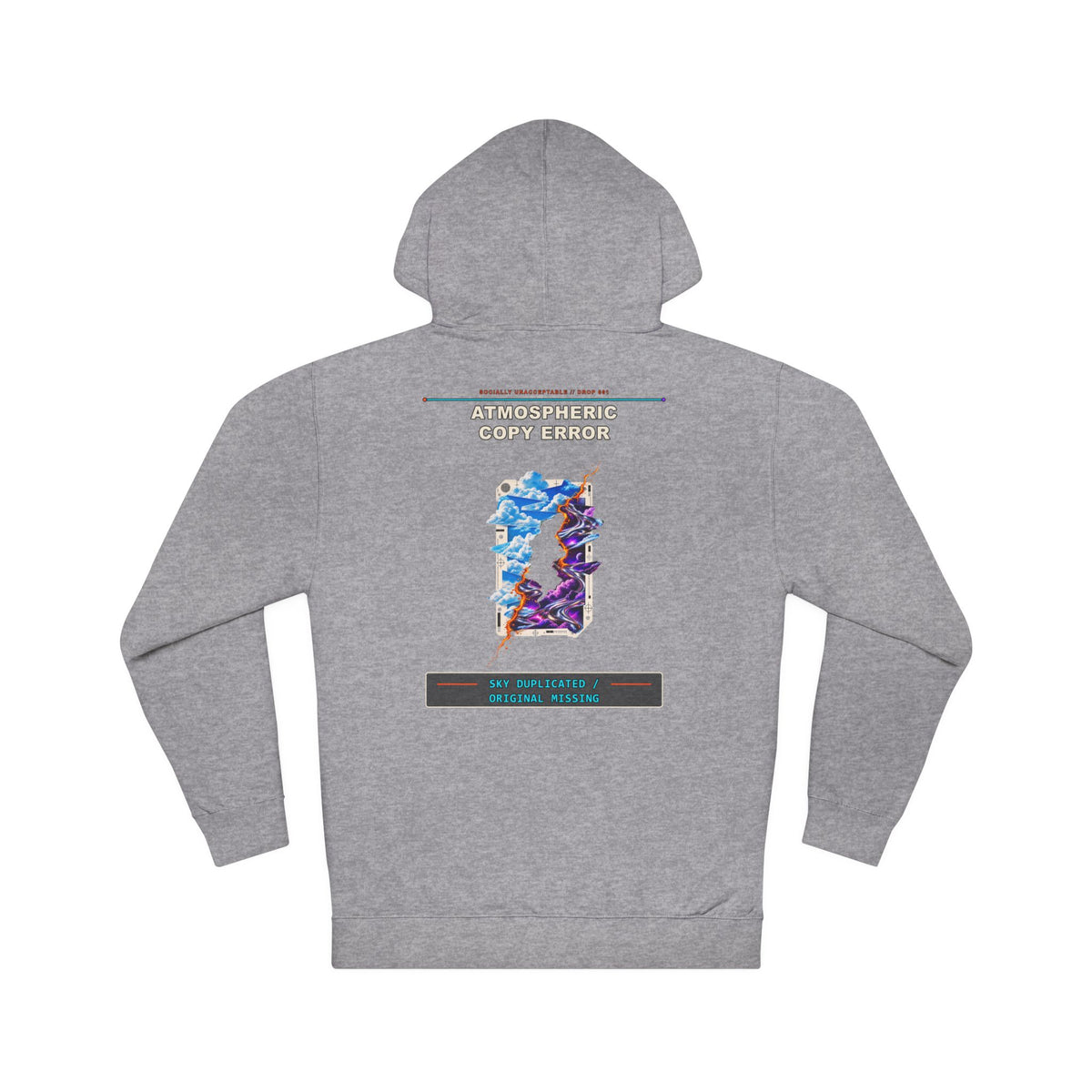 Atmospheric Copy Error graphic hoodie by KOSVYRE in Gunmetal Heather, back artwork view