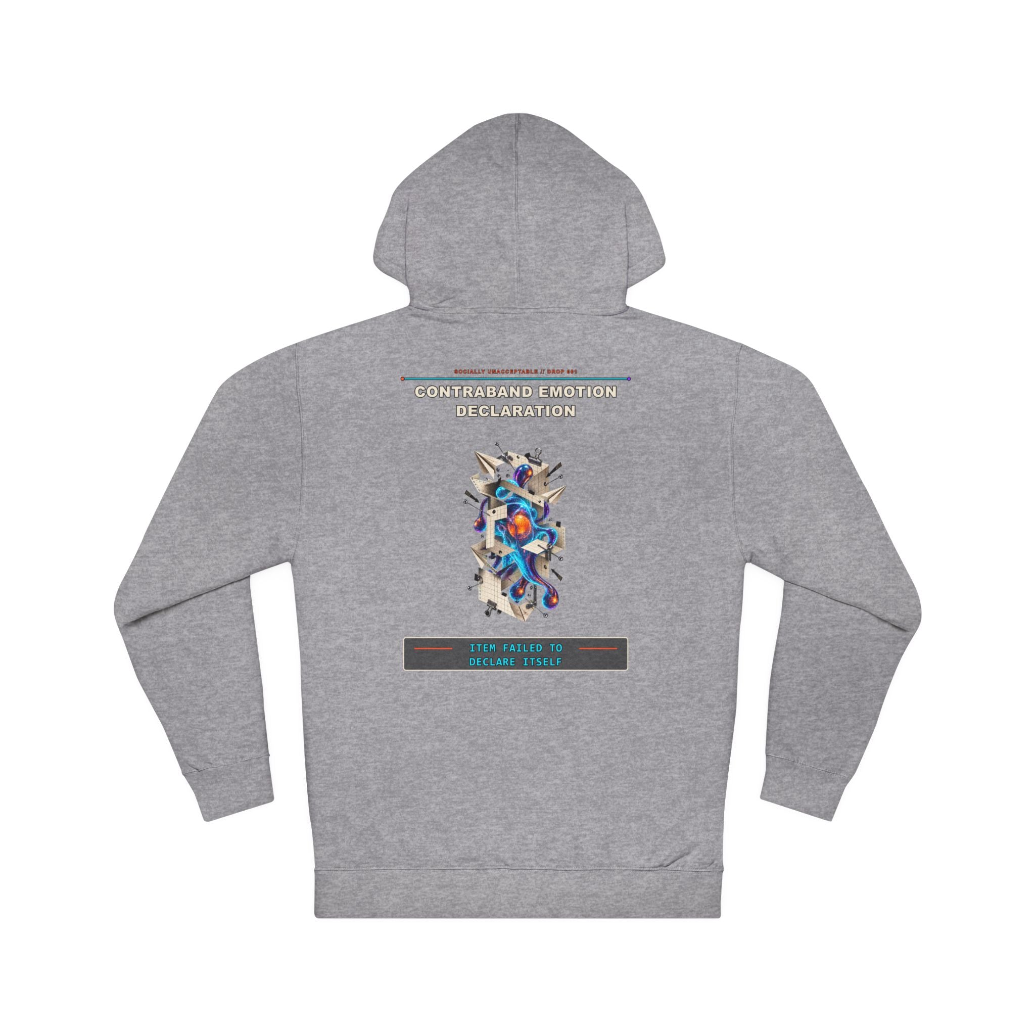 Contraband Emotion Declaration graphic hoodie by KOSVYRE in Gunmetal Heather, back artwork view