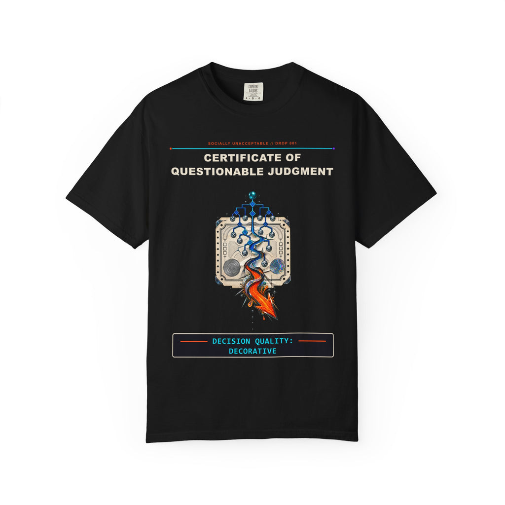 Certificate of Questionable Judgment graphic tee by KOSVYRE in Black, front artwork view