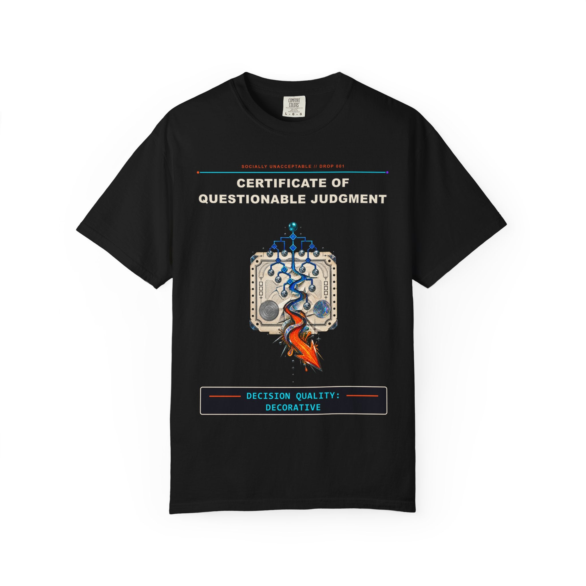 Certificate of Questionable Judgment graphic tee by KOSVYRE in Black, front artwork view