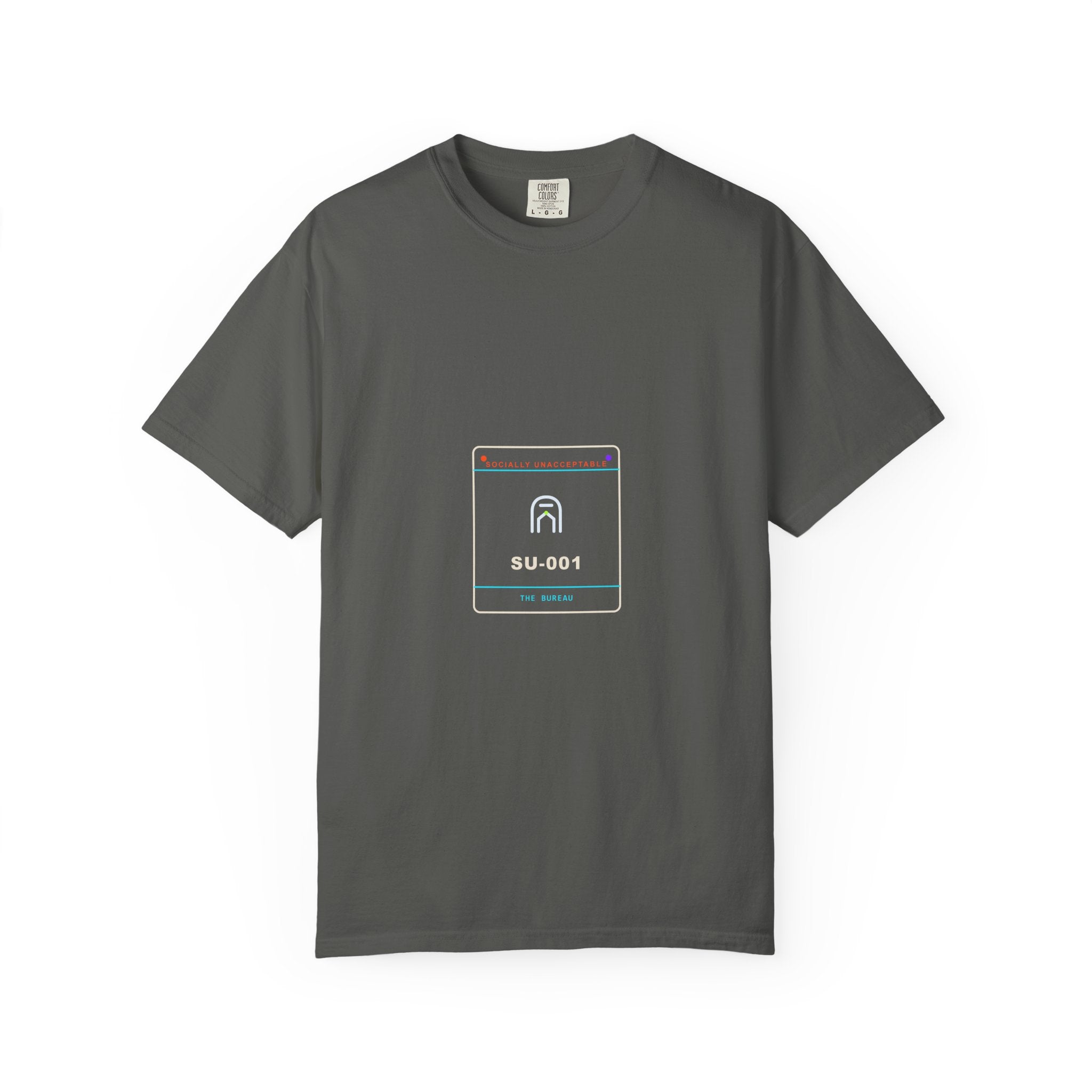 Department of Unlicensed Consciousness garment-dyed graphic tee by KOSVYRE in Pepper, front view