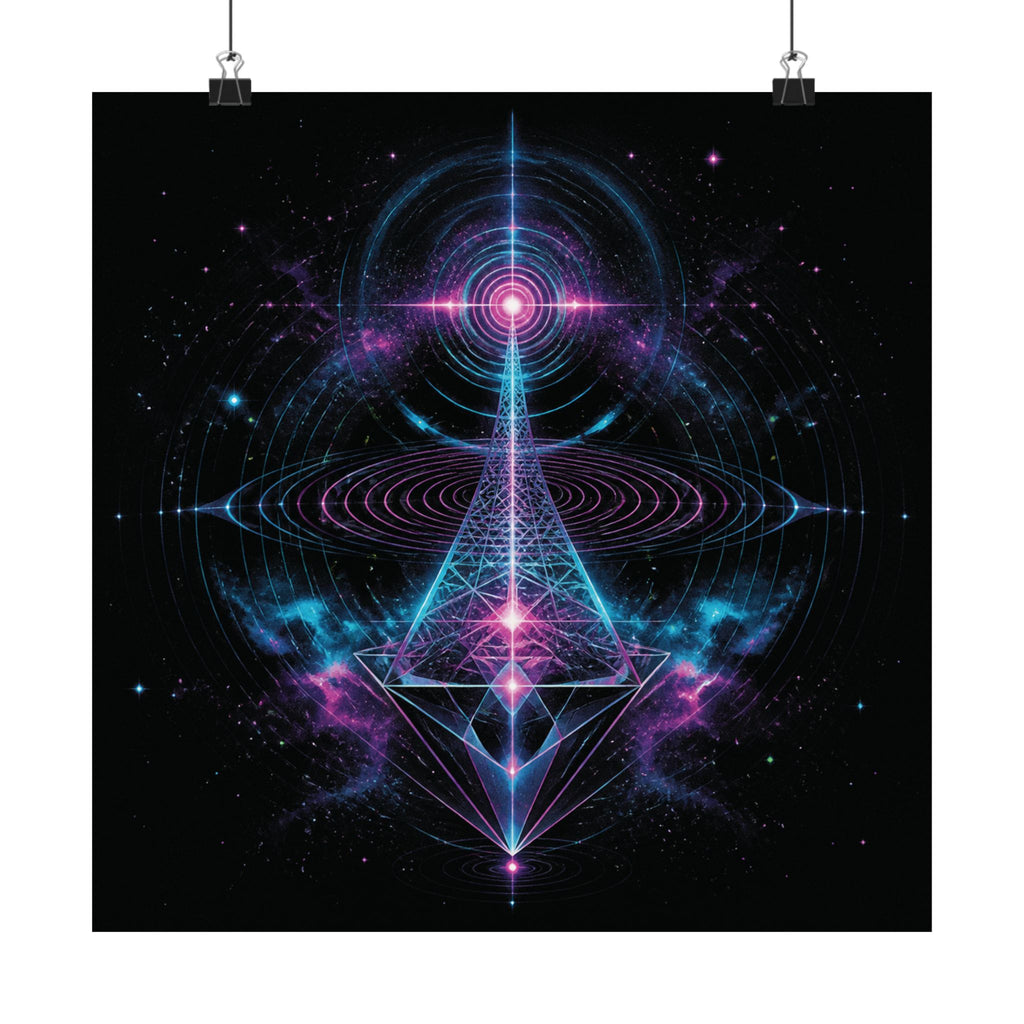 Chromatic Echo Field square satin art print displayed with black binder clips