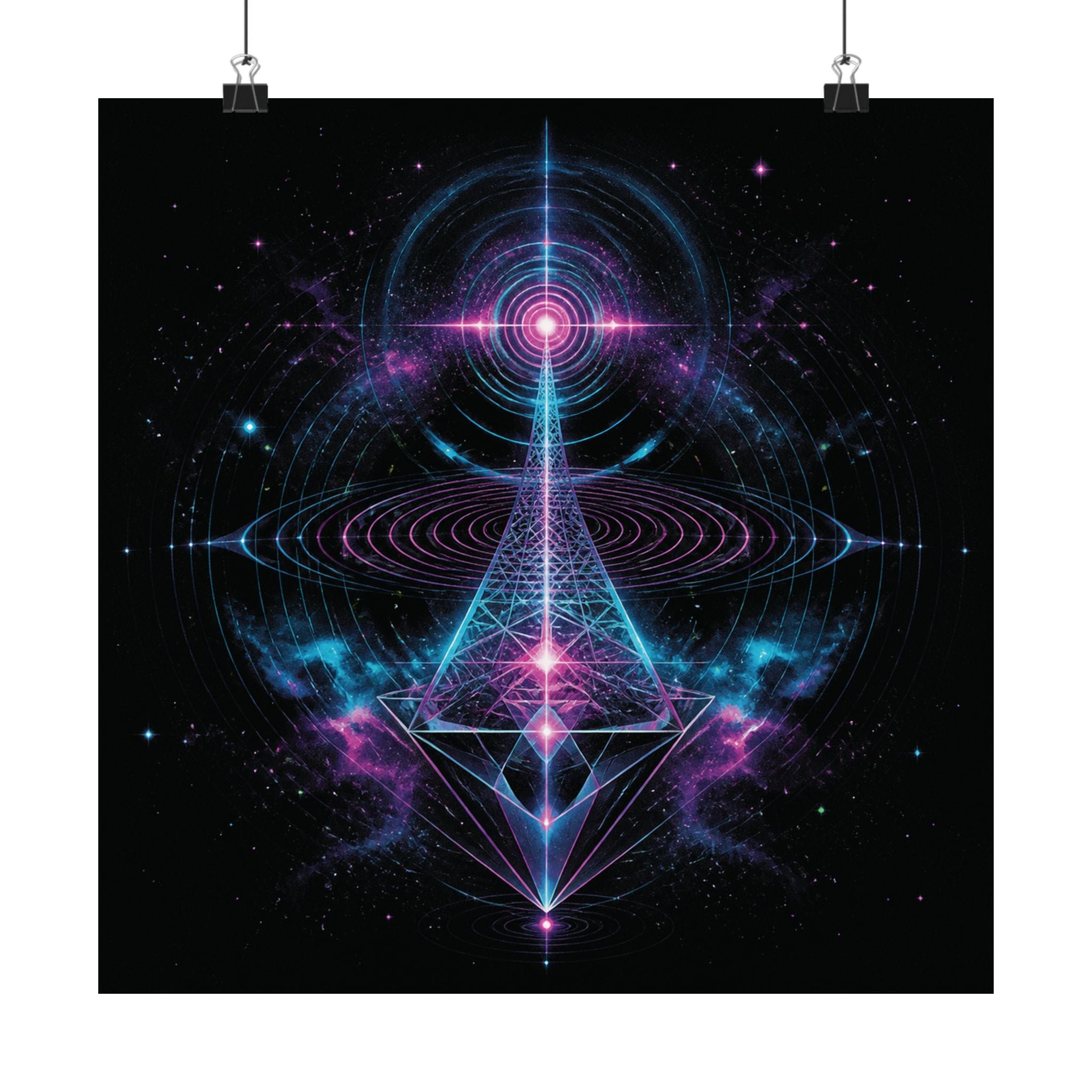 Chromatic Echo Field square satin art print displayed with black binder clips