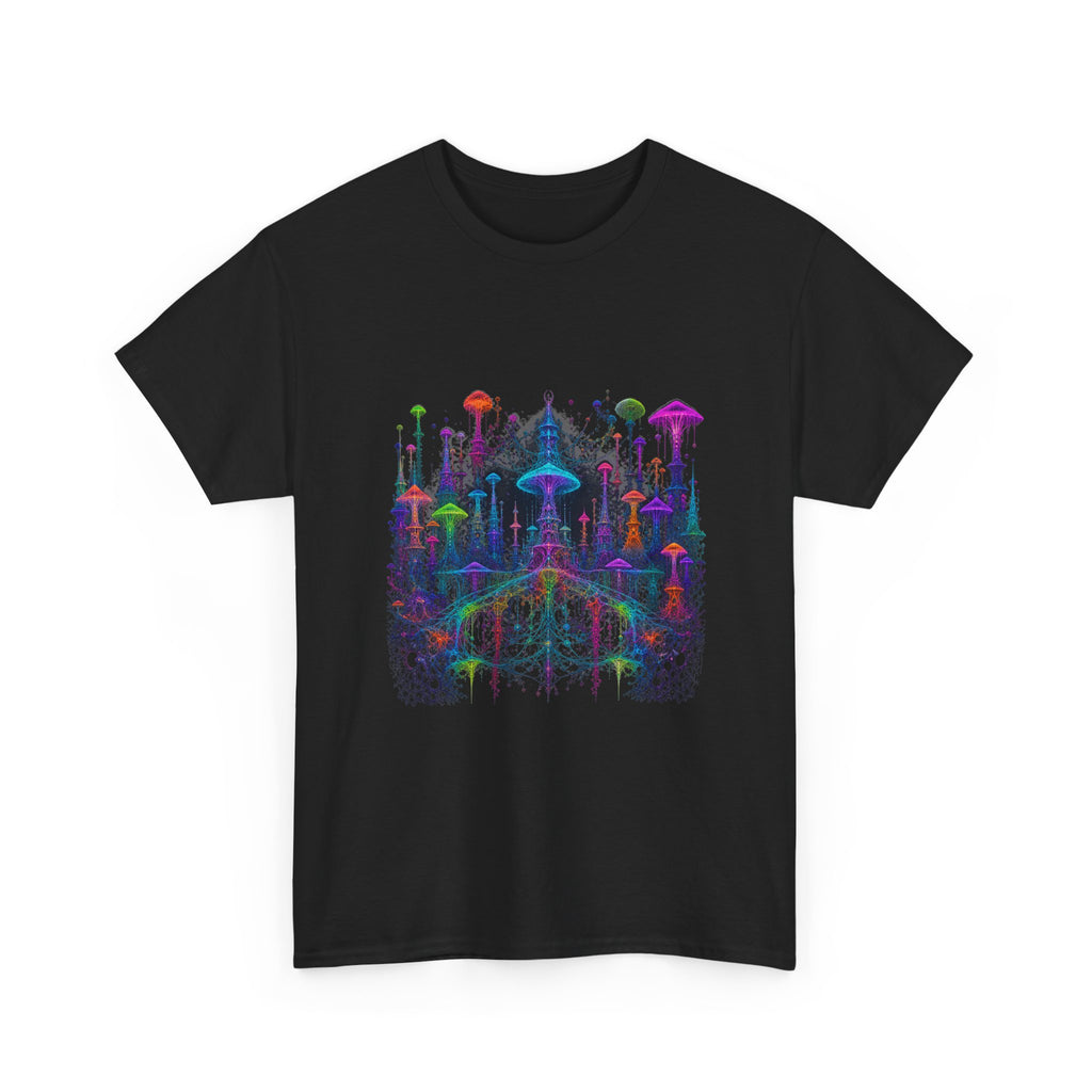 Neon Mycelial Parliament KOSVYRE graphic tee product mockup, detail view