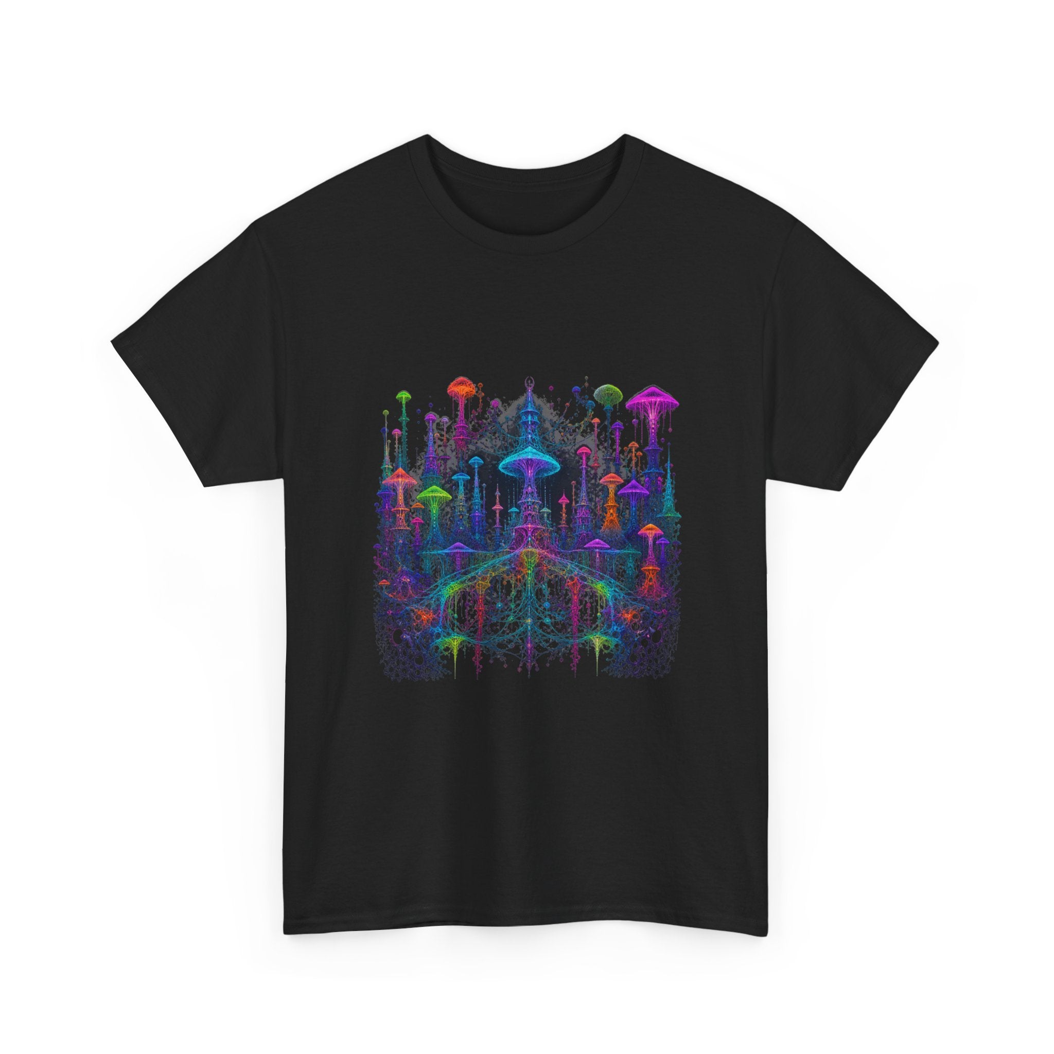 Neon Mycelial Parliament KOSVYRE graphic tee product mockup, detail view
