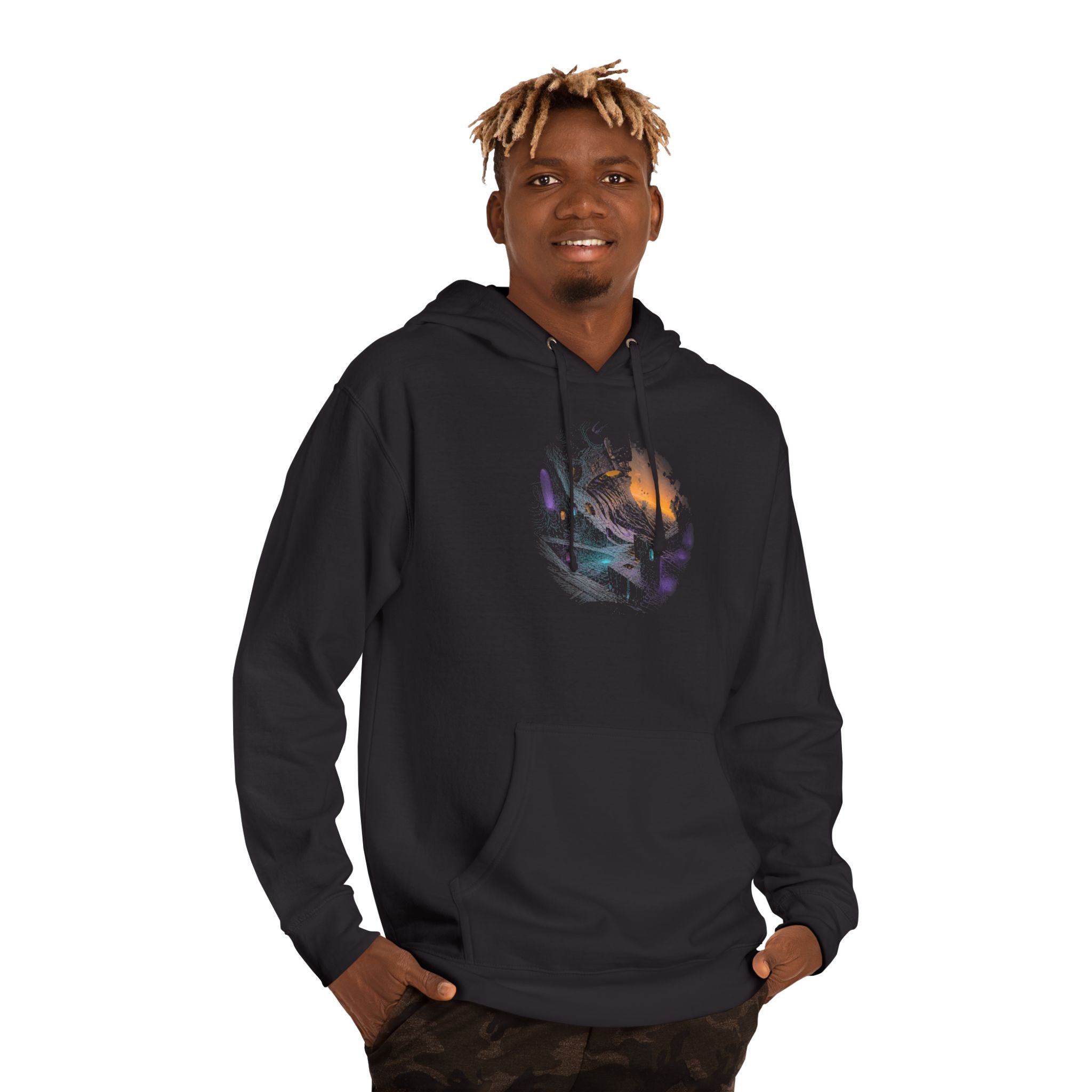Neon Ruin Cartograph KOSVYRE hoodie product mockup, lifestyle view