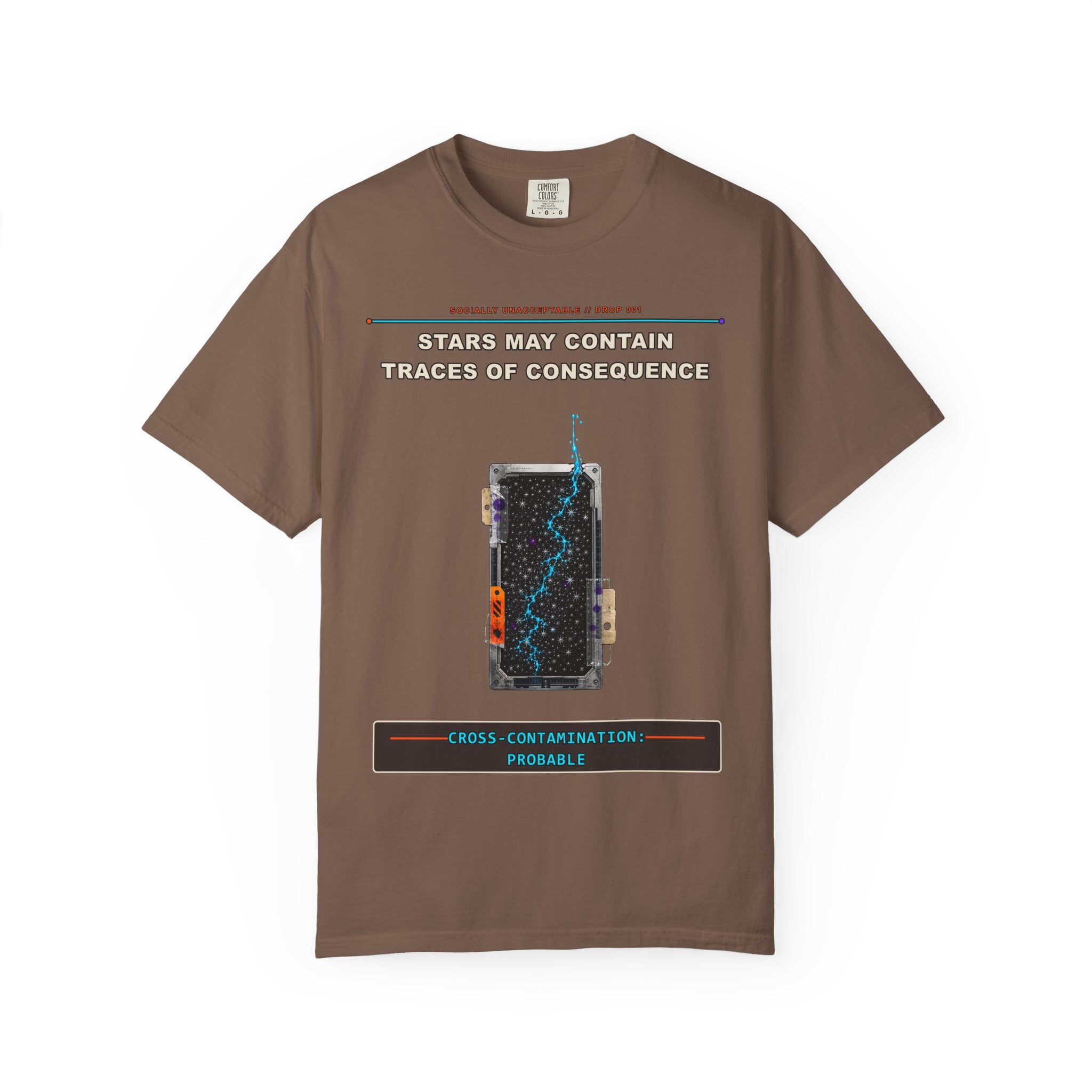 Stars May Contain Traces of Consequence graphic tee by KOSVYRE in Espresso, front artwork view