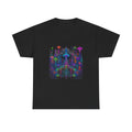 Neon Mycelial Parliament KOSVYRE graphic tee product mockup, front view