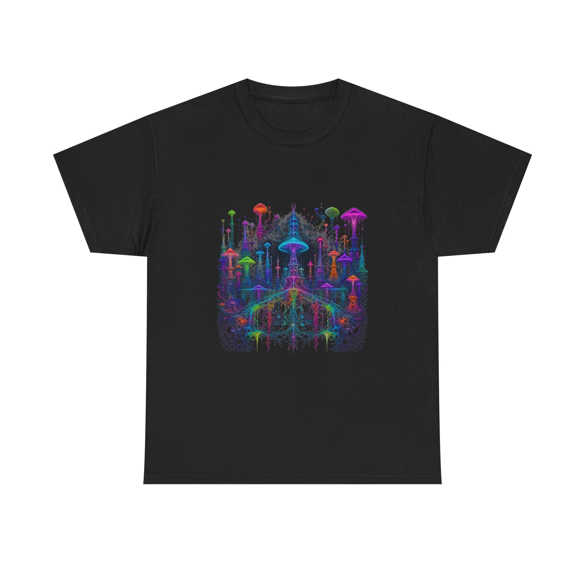 Neon Mycelial Parliament KOSVYRE graphic tee product mockup, front view