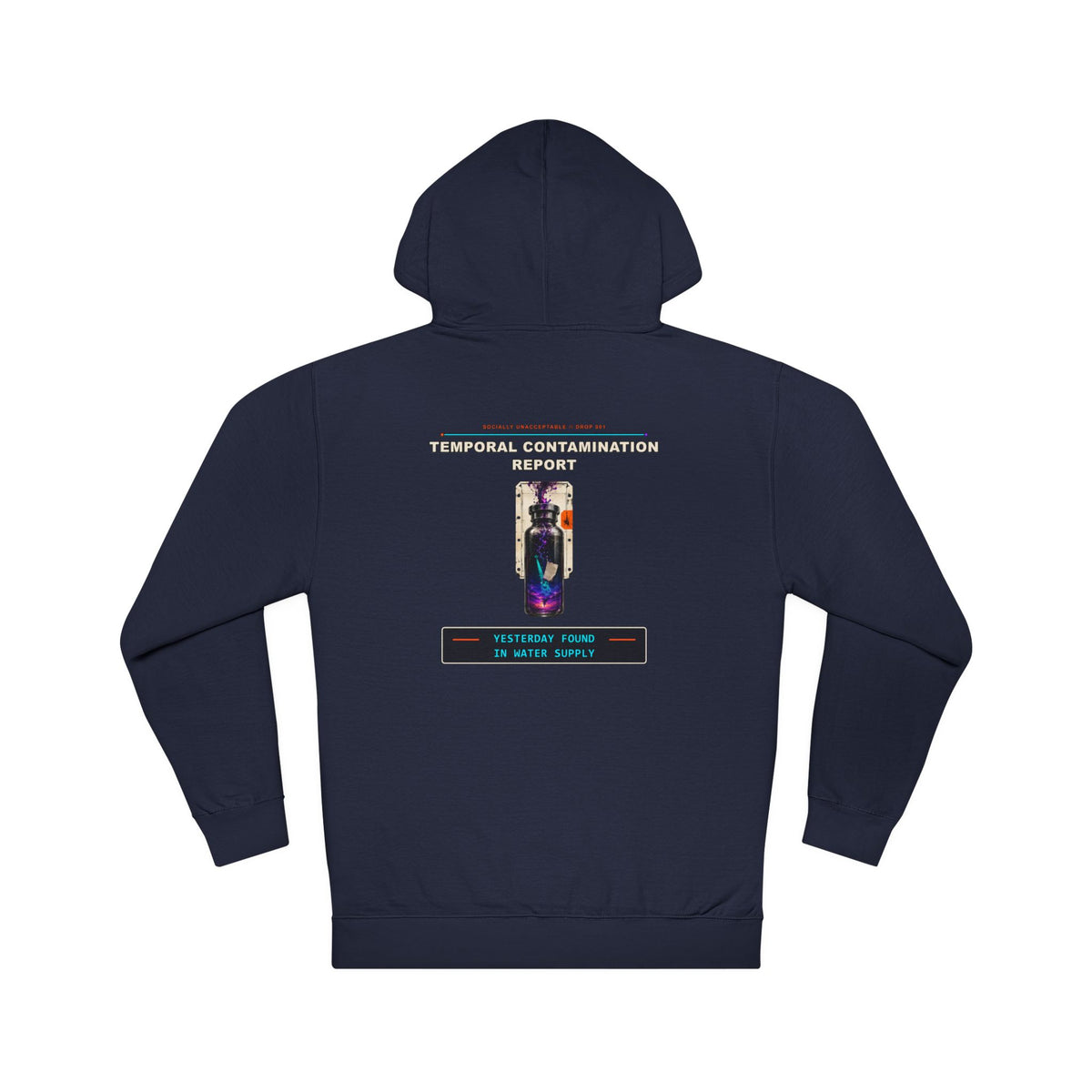 Temporal Contamination Report graphic hoodie by KOSVYRE in Classic Navy, back artwork view