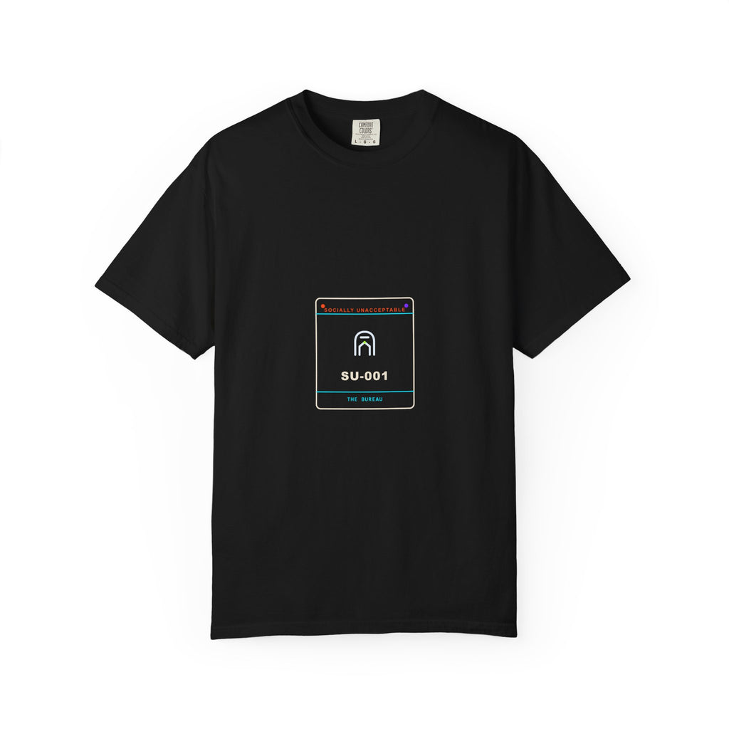 Department of Unlicensed Consciousness garment-dyed graphic tee by KOSVYRE in Black, front view