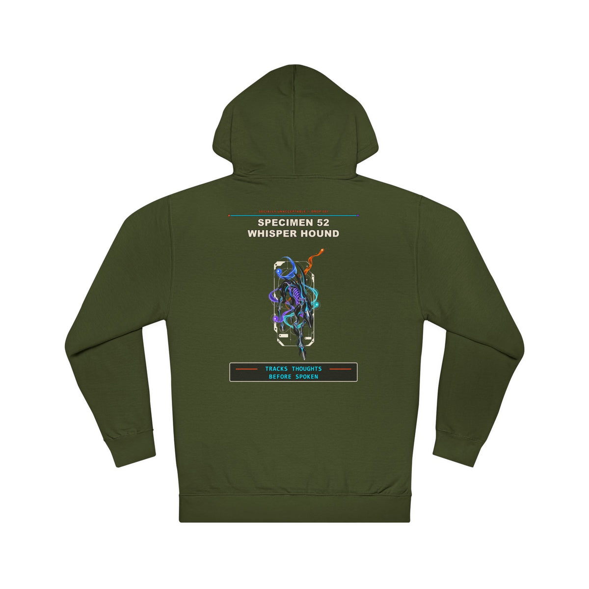 Specimen 52: Whisper Hound graphic hoodie by KOSVYRE in Army, back artwork view