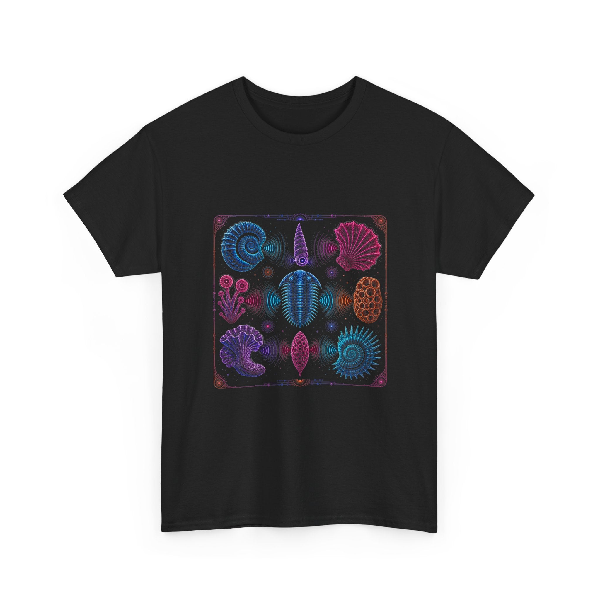 Neon Fossil Choir KOSVYRE graphic tee product mockup, alternate front view
