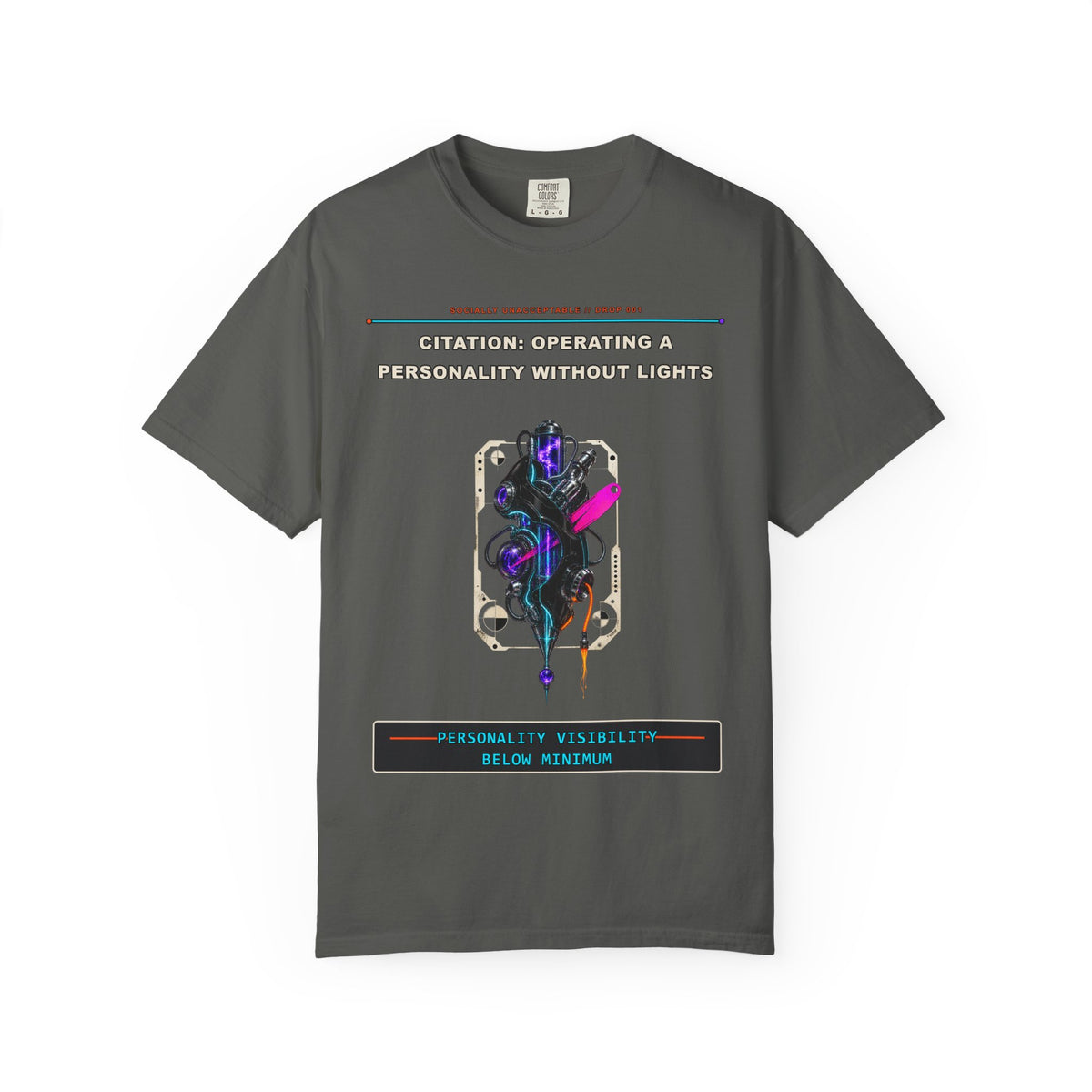 Citation: Operating a Personality Without Lights graphic tee by KOSVYRE in Pepper, front artwork view